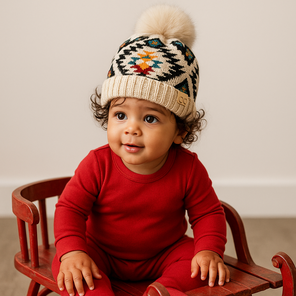 Southwestern Baby/Toddler CC® Beanie with Plush Pom - Slouchy or Fold-Up Cuff, One Size Newborn-12M