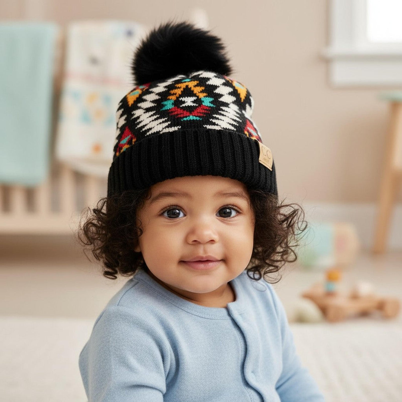 Southwestern Baby/Toddler CC® Beanie with Plush Pom - Slouchy or Fold-Up Cuff, One Size Newborn-12M