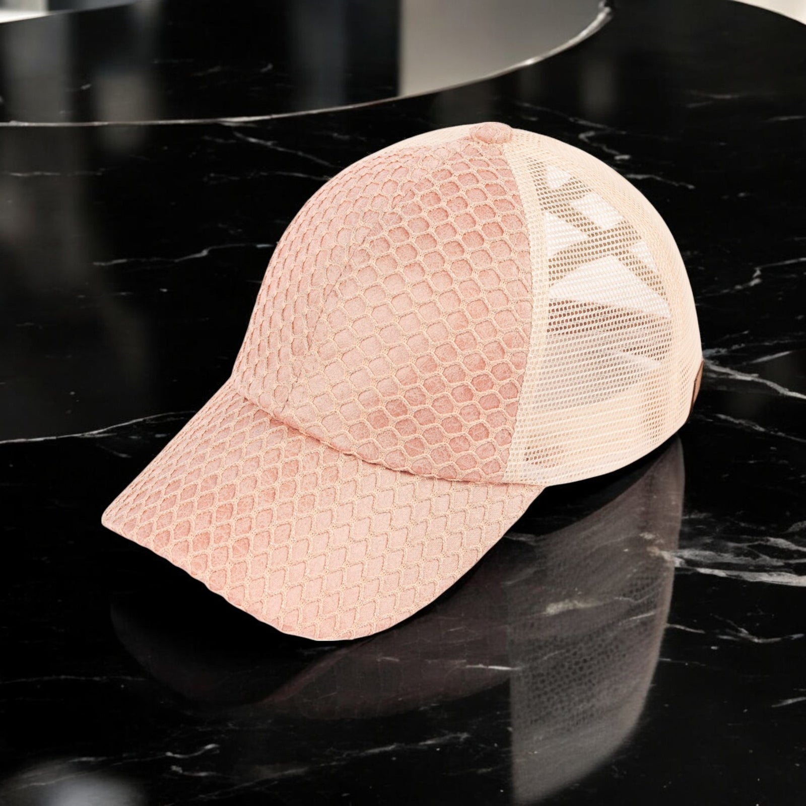 CC Textured Faux Leather Pony Hats Criss Cross Style Women Cap for Ponytails