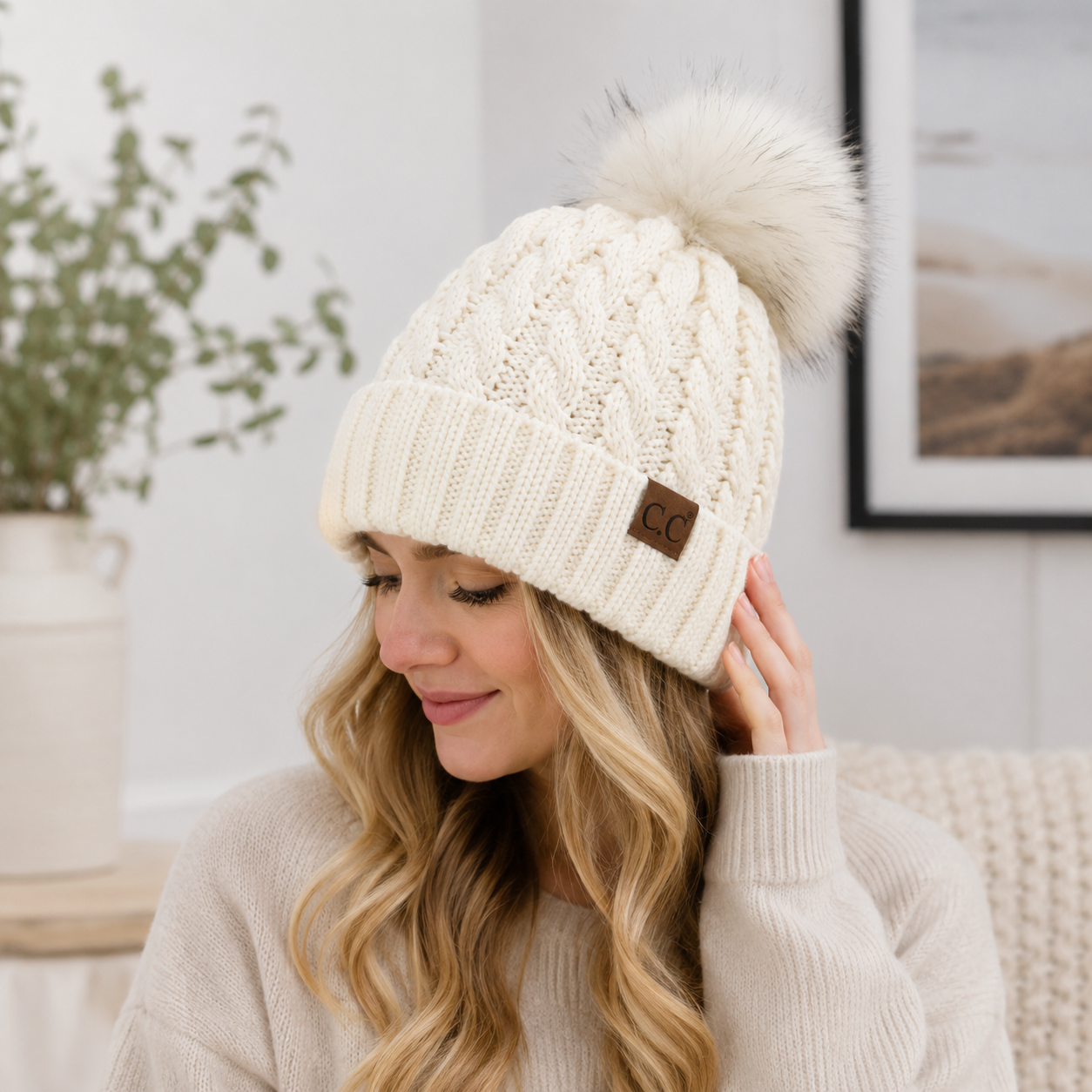 C.C Lattice Cross Over Stitch Pattern Beanie with Pom