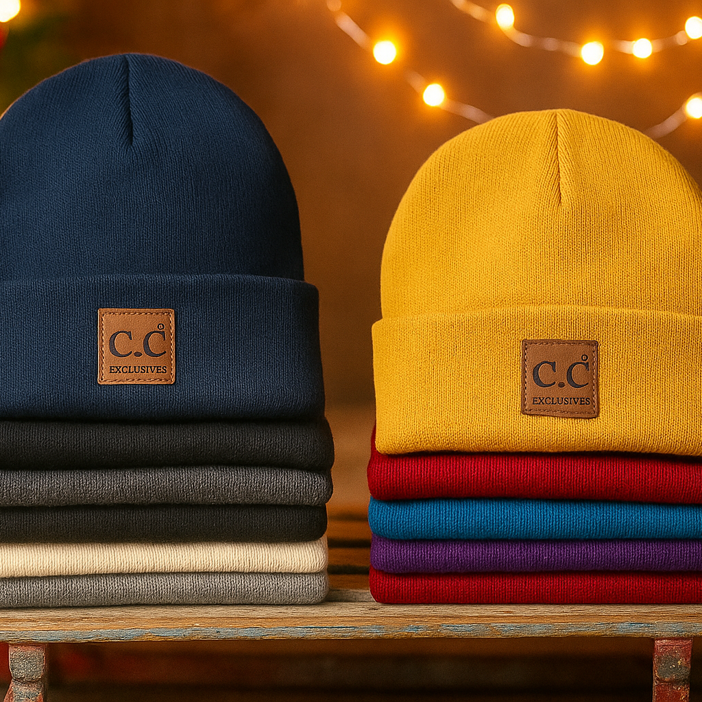 Stacks of beanies in various colors with a brand logo against a festive background.