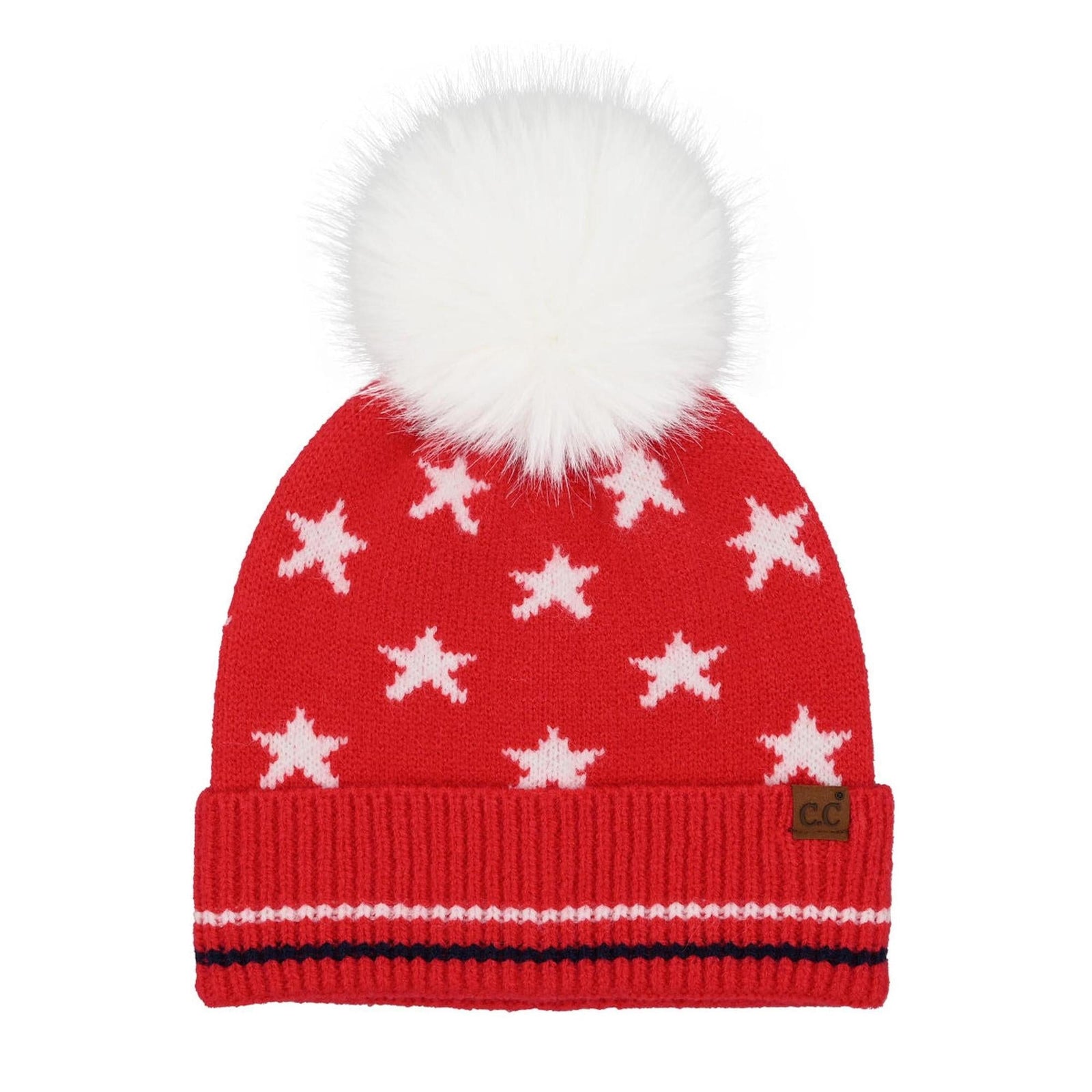 Red knit beanie with white star patterns and a white pom-pom on a white background
