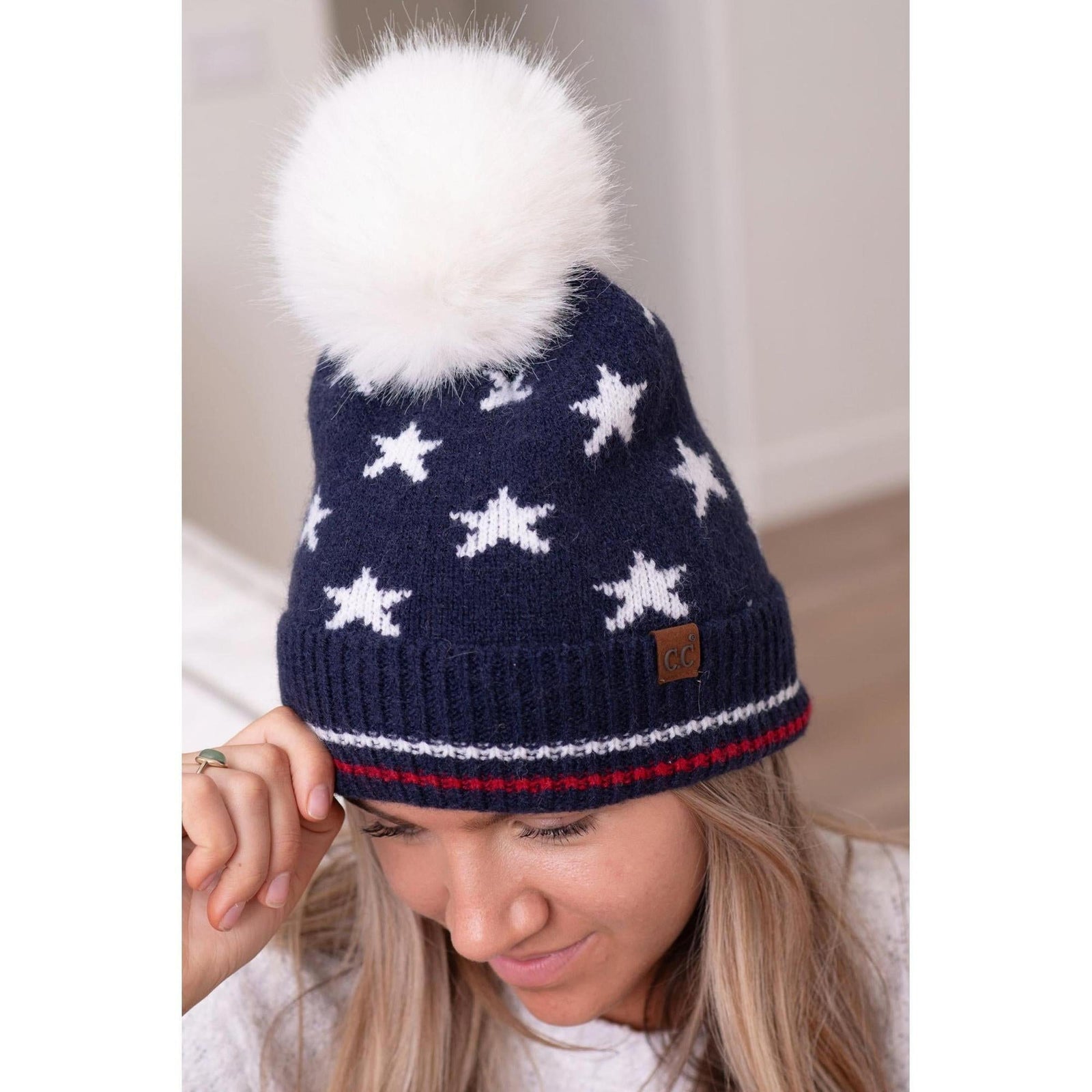 All Over Star and Stripe Cuff Pom Beanie
