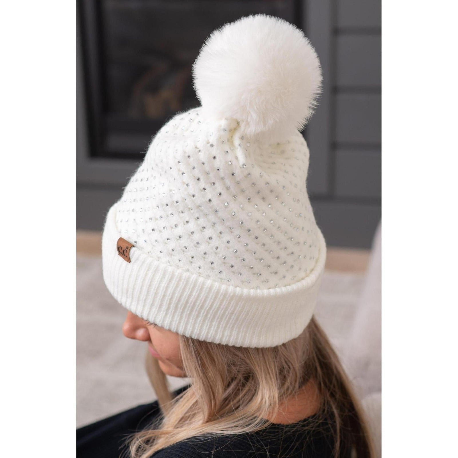 HTE0101 All Over Rhinestone Pom Beanie