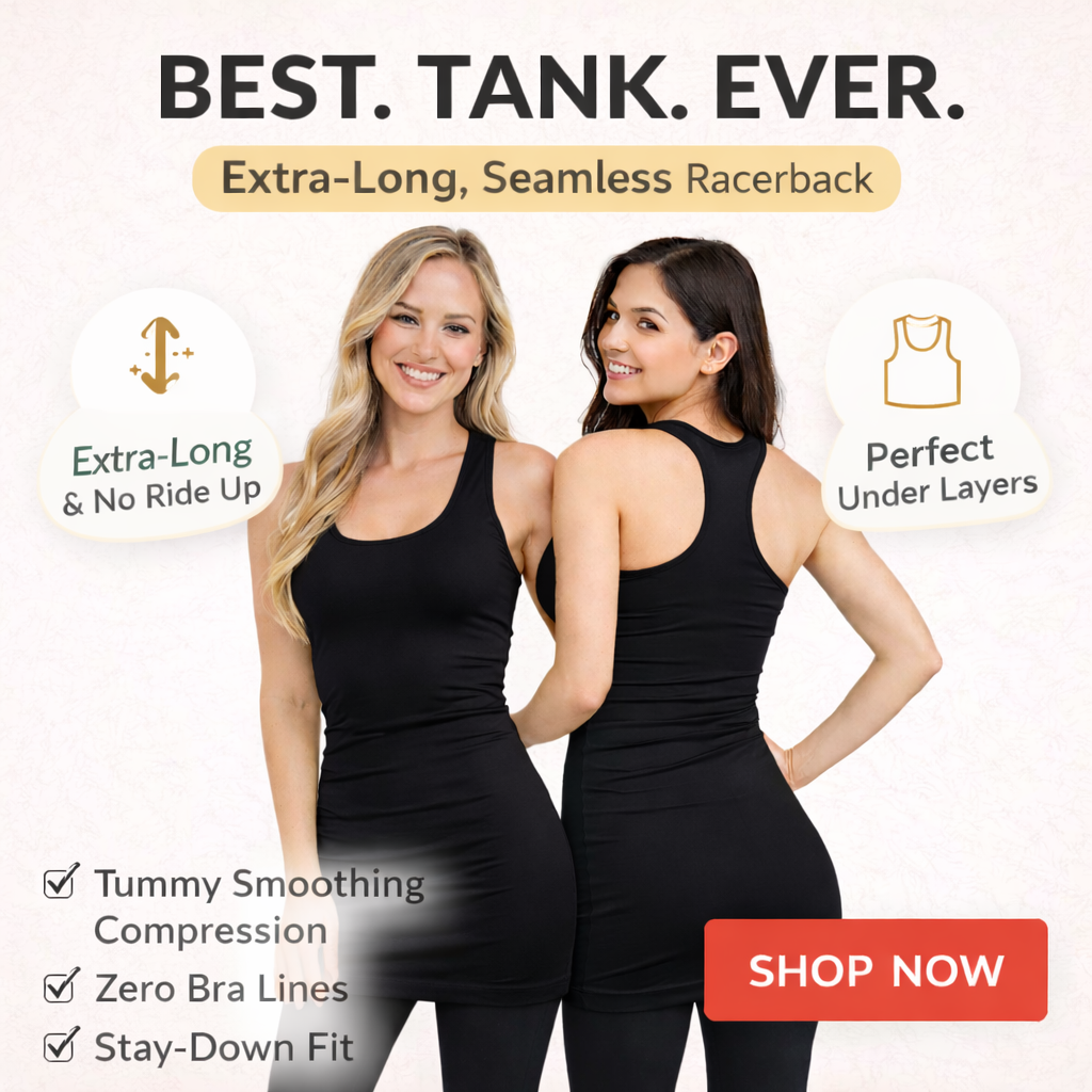 Two women wearing black tank tops with product features highlighted on a white background.