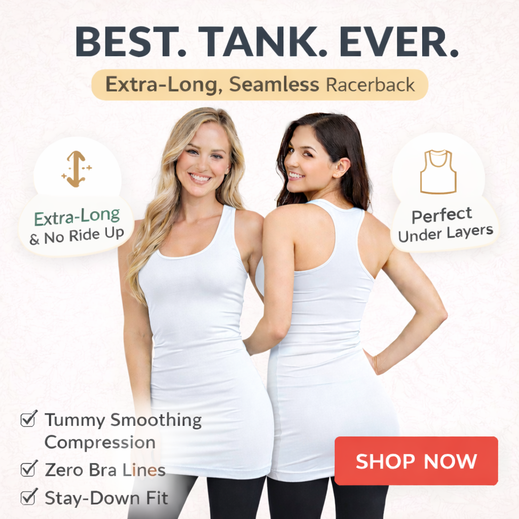 Two women wearing white tank tops with product features highlighted on a beige background