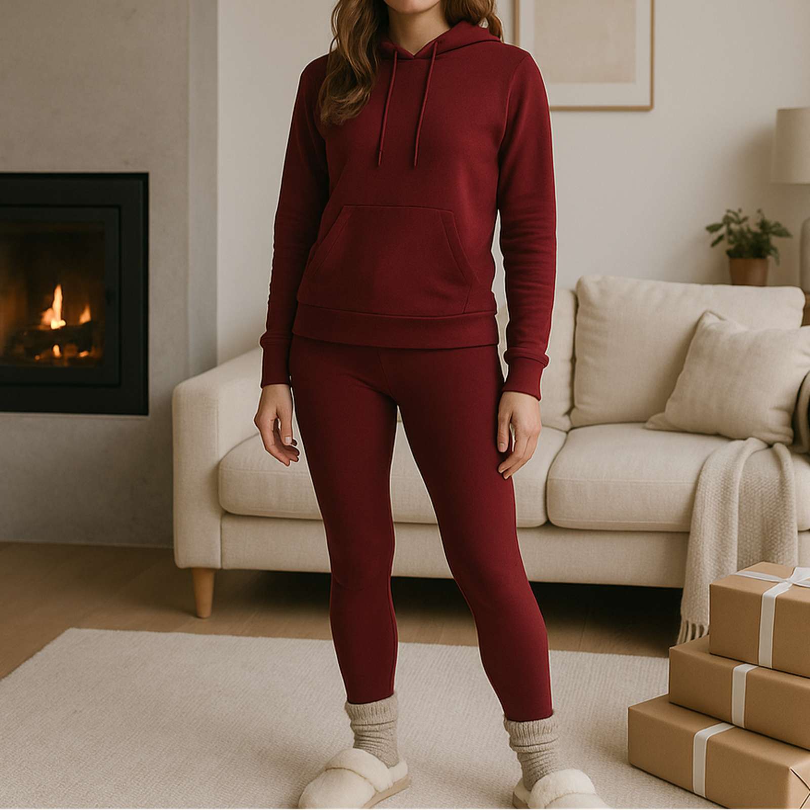 Woman in a red tracksuit standing in a cozy living room with a fireplace and beige sofa.
