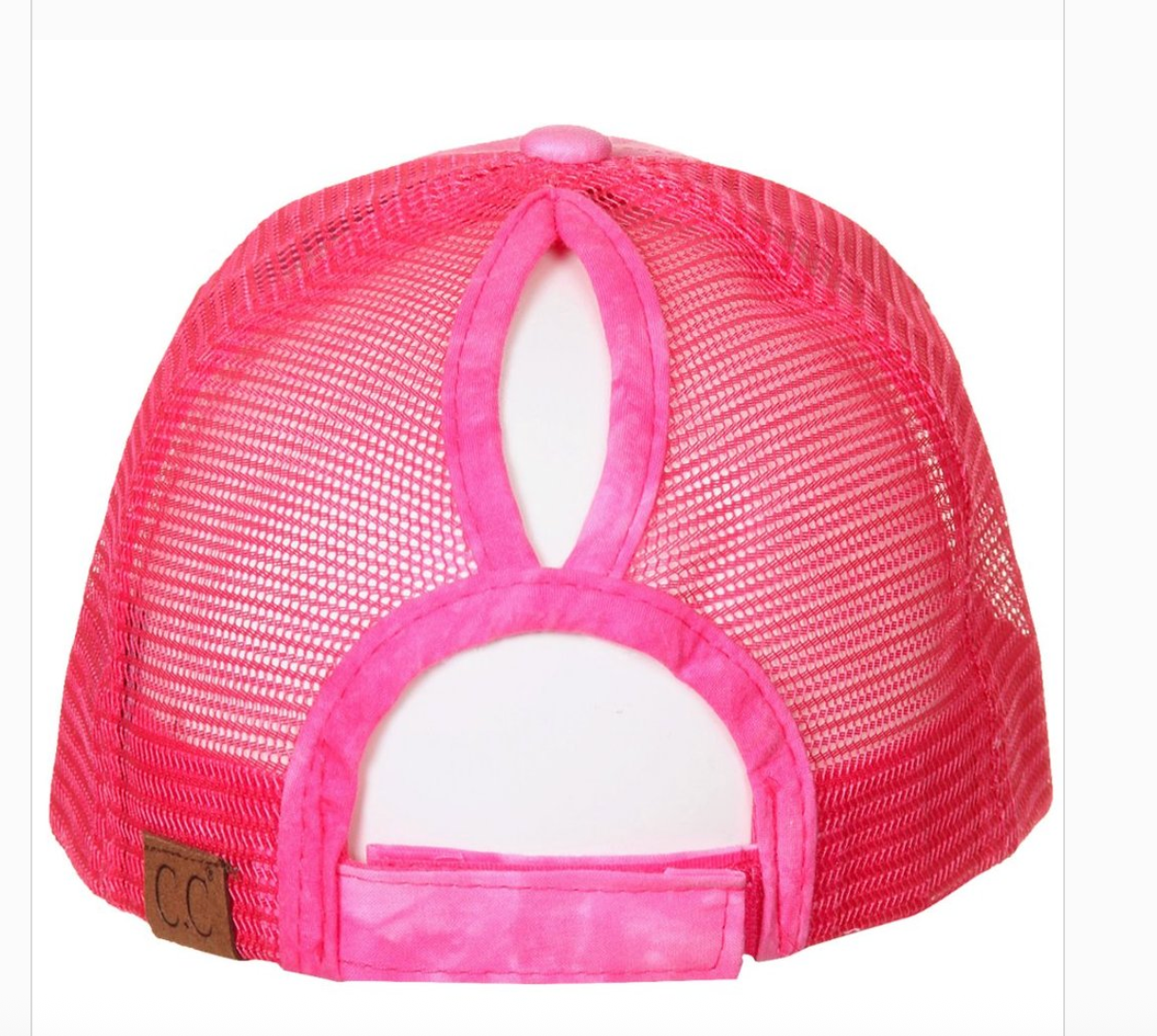 C.C® Watercolor Messy Bun Trucker Cap - Ponytail Access, Adjustable Hook-and-Loop, Mesh Back
