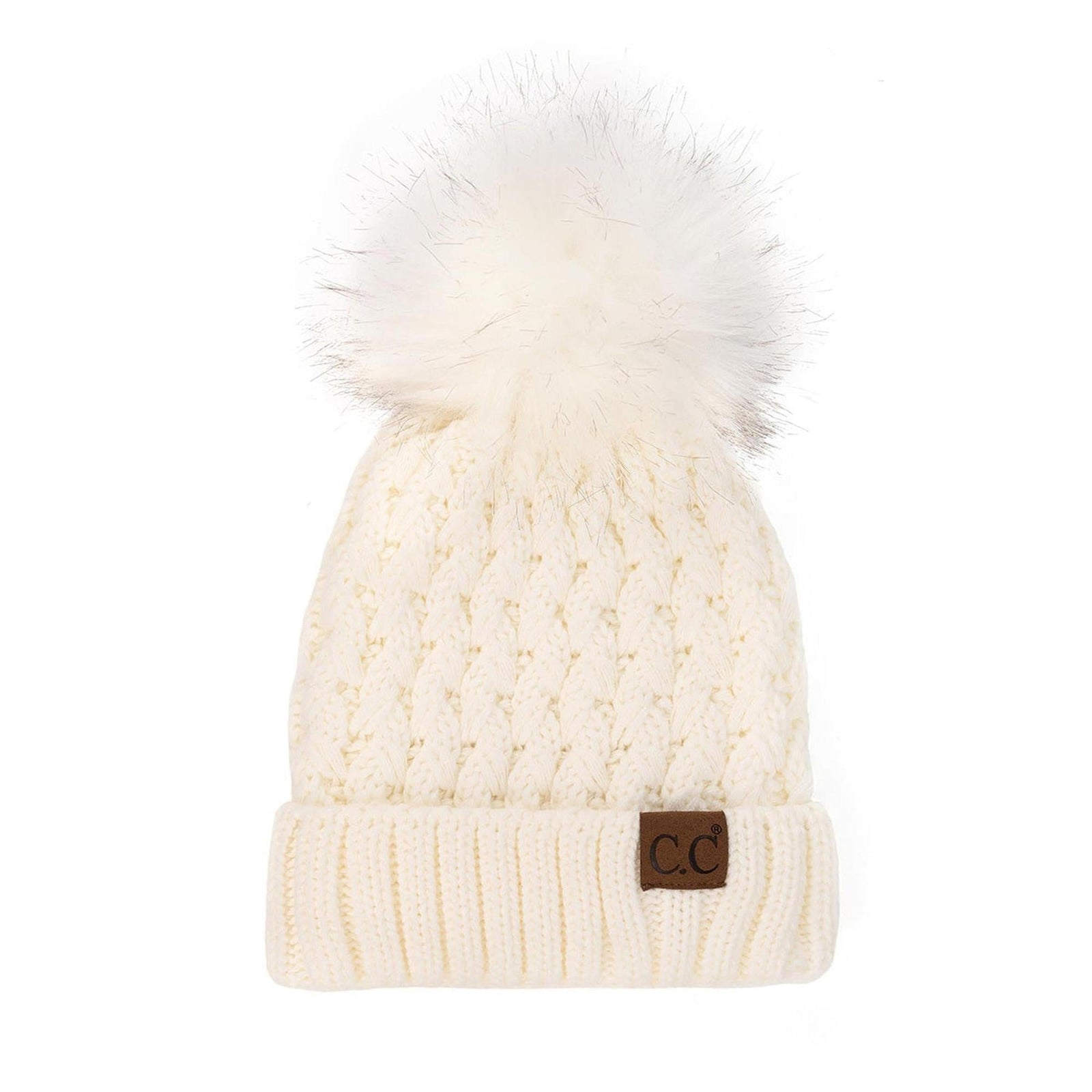 C.C Lattice Cross Over Stitch Pattern Beanie with Pom