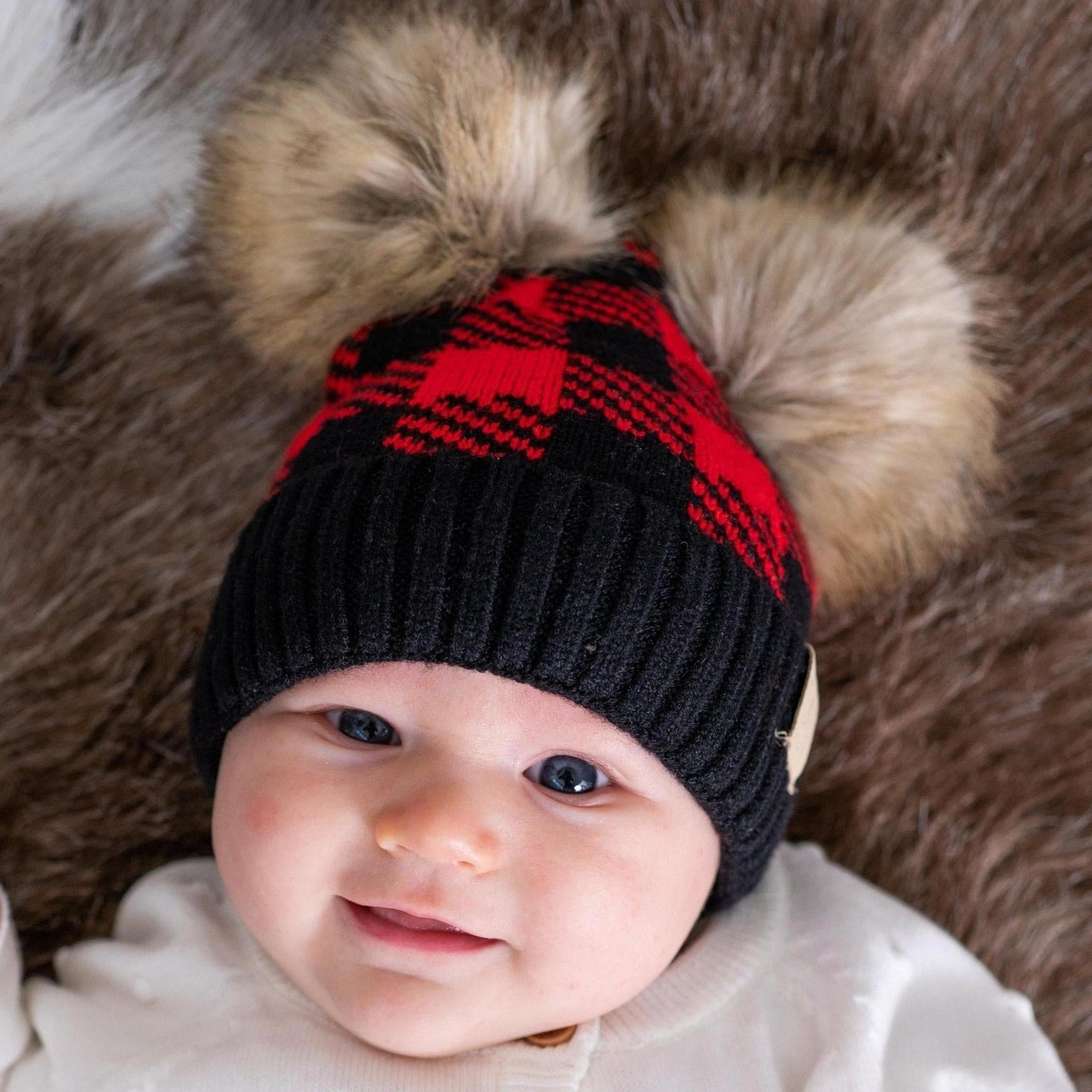 CC Baby and Kids Buffalo Plaid Double Pom Beanies Hats - Truly Contagious