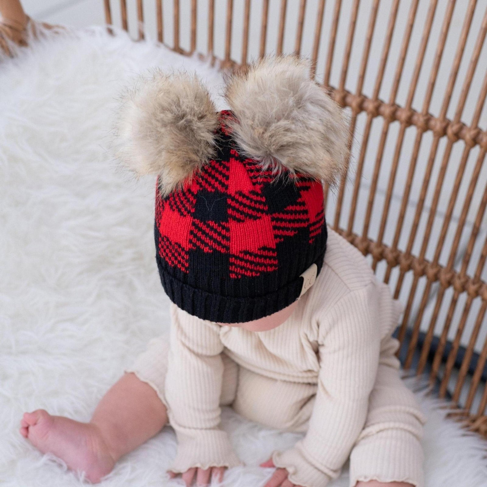 CC Baby and Kids Buffalo Plaid Double Pom Beanies Hats - Truly Contagious