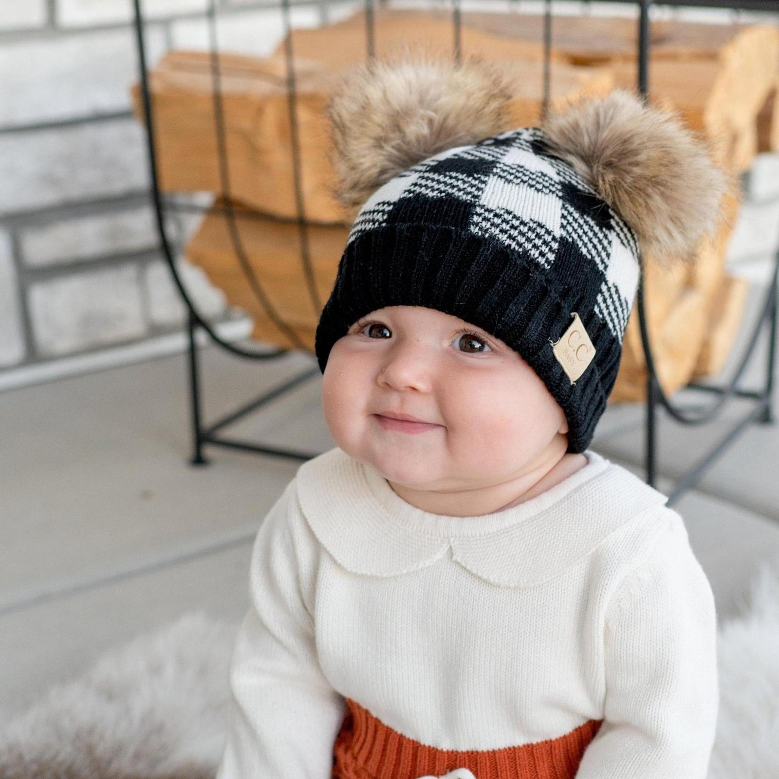CC Baby and Kids Buffalo Plaid Double Pom Beanies Hats - Truly Contagious