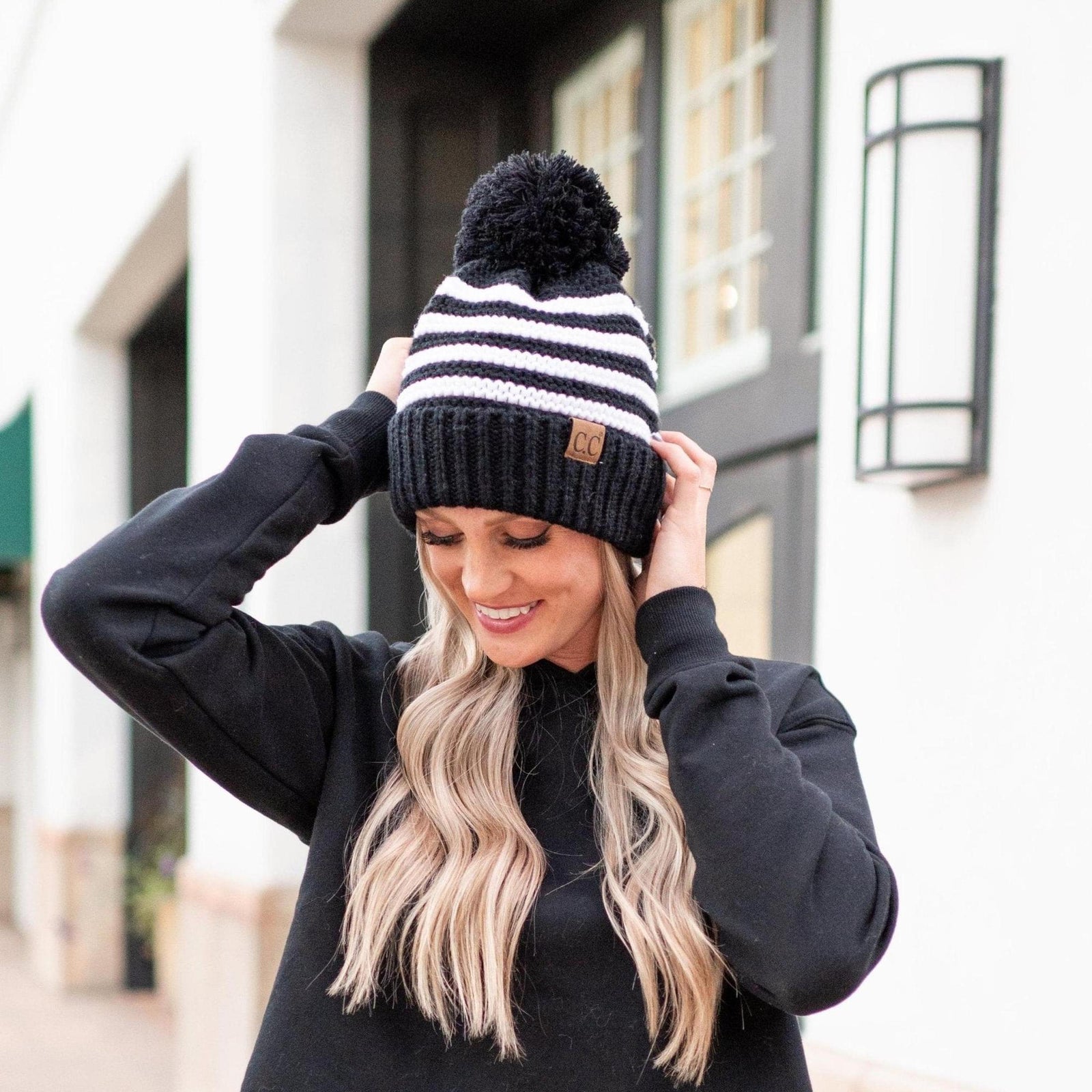 CC Chunky Knit Striped Pom Beanie - Truly Contagious