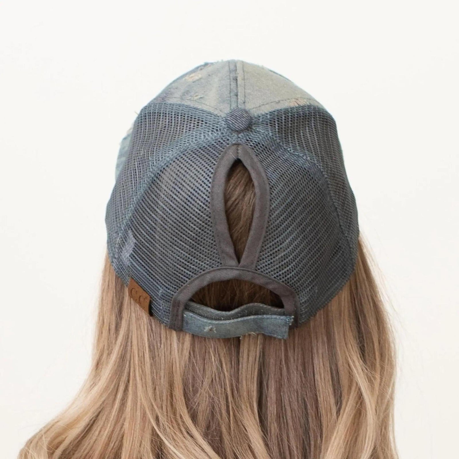 CC Destroyed Denim Messy Bun Pony Cap Women, Teens and Kids Trucker Hats - Truly Contagious