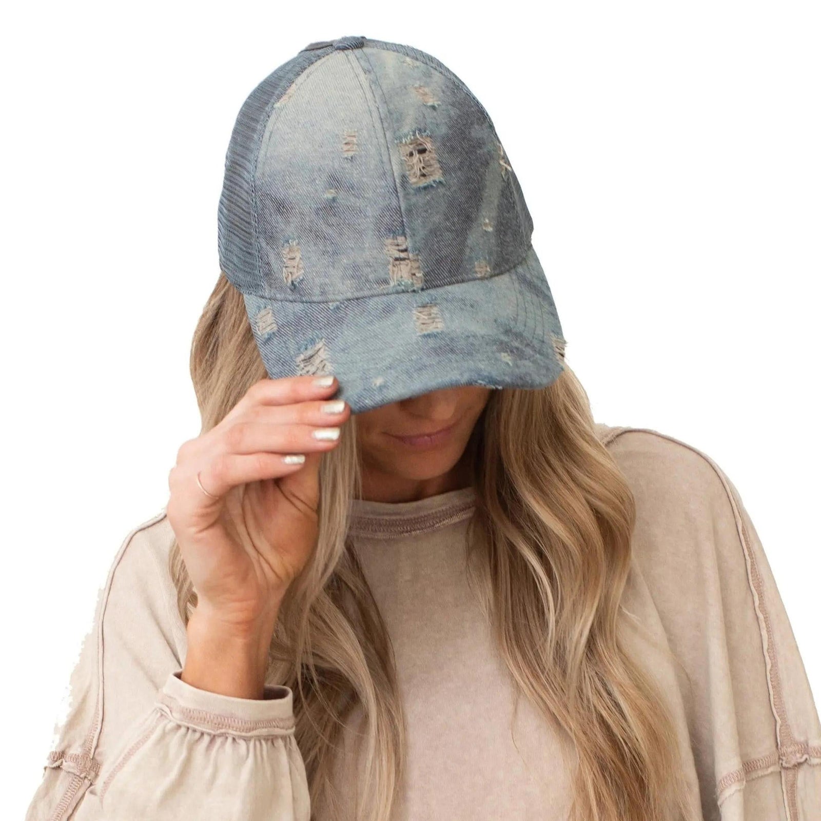 CC Destroyed Denim Messy Bun Pony Cap Women, Teens and Kids Trucker Hats - Truly Contagious