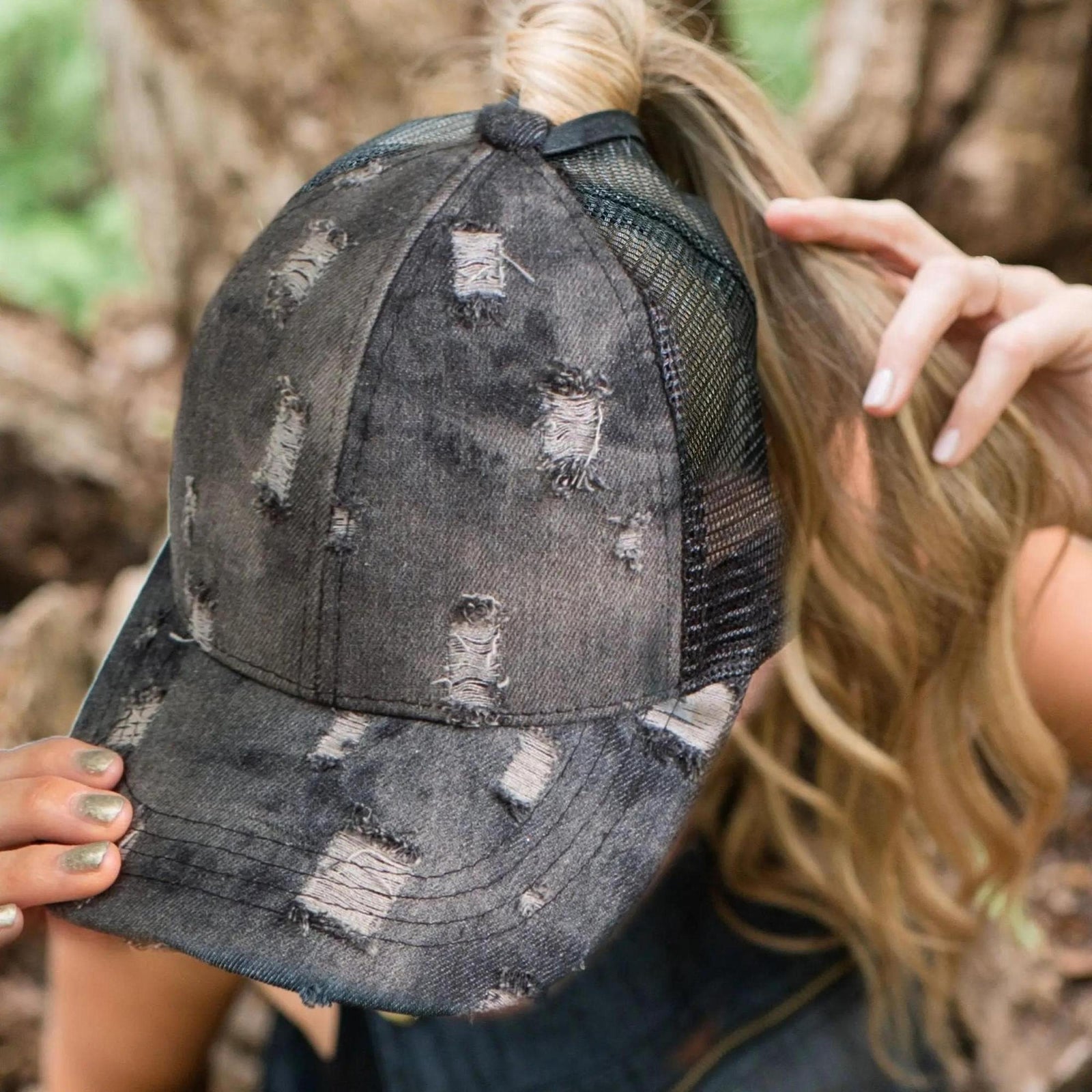 CC Destroyed Denim Messy Bun Pony Cap Women, Teens and Kids Trucker Hats - Truly Contagious