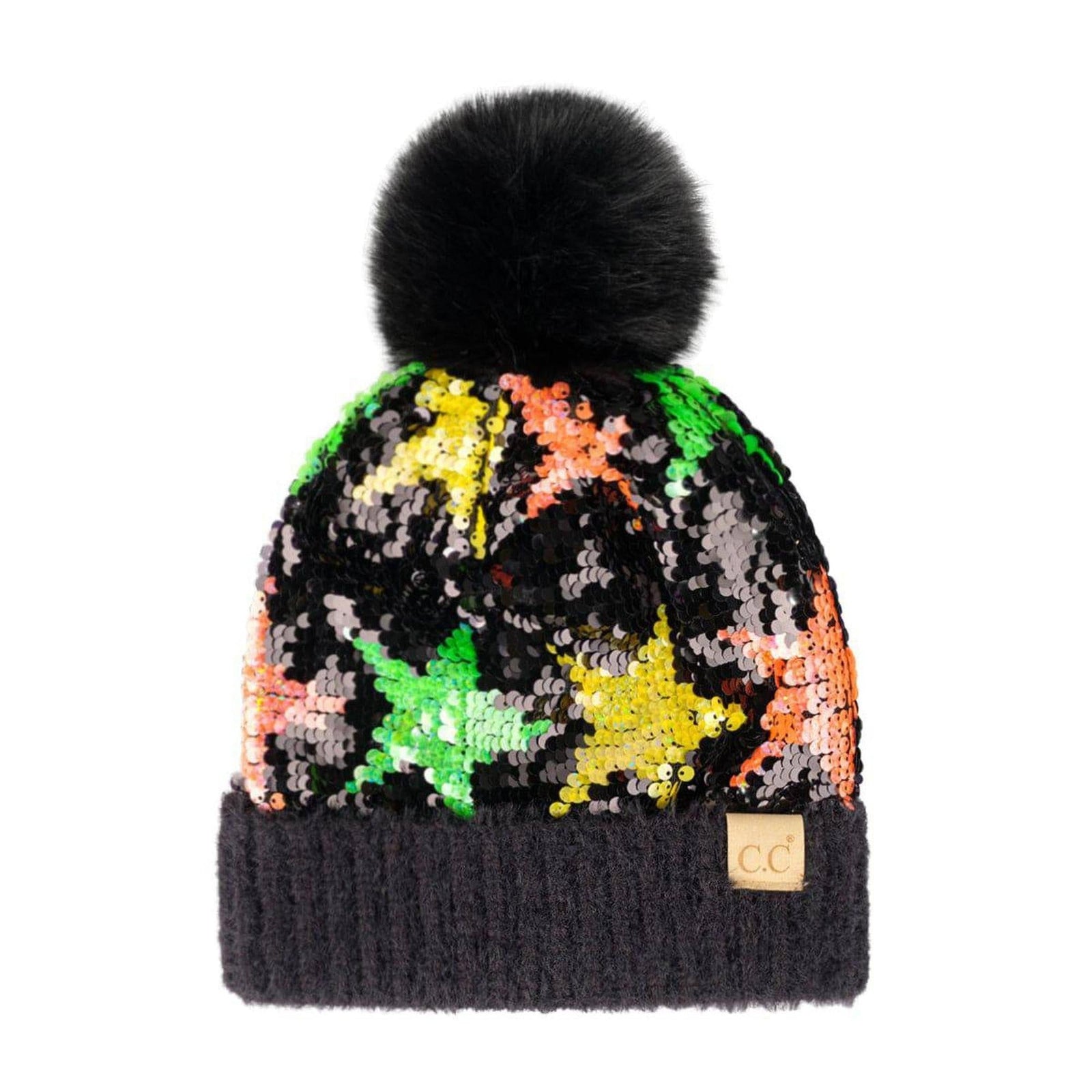 CC Kids Neon Star Sequin Faux Fur Pom Beanie - Truly Contagious