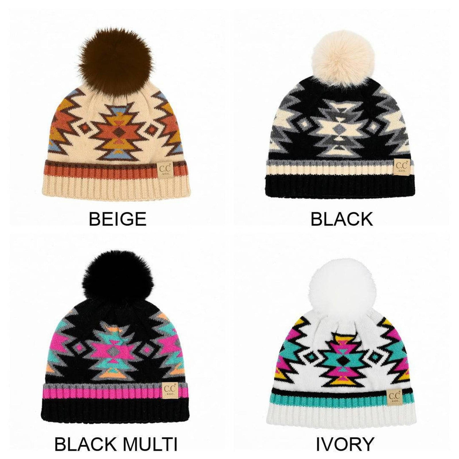 CC Kids South Western Pattern Faux Fur Pom Beanie - Truly Contagious