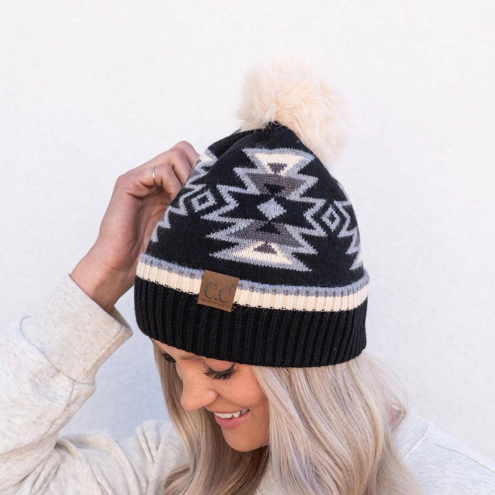 CC South Western Pattern Pom Beanie | Adult and Kid Sizes - Truly Contagious