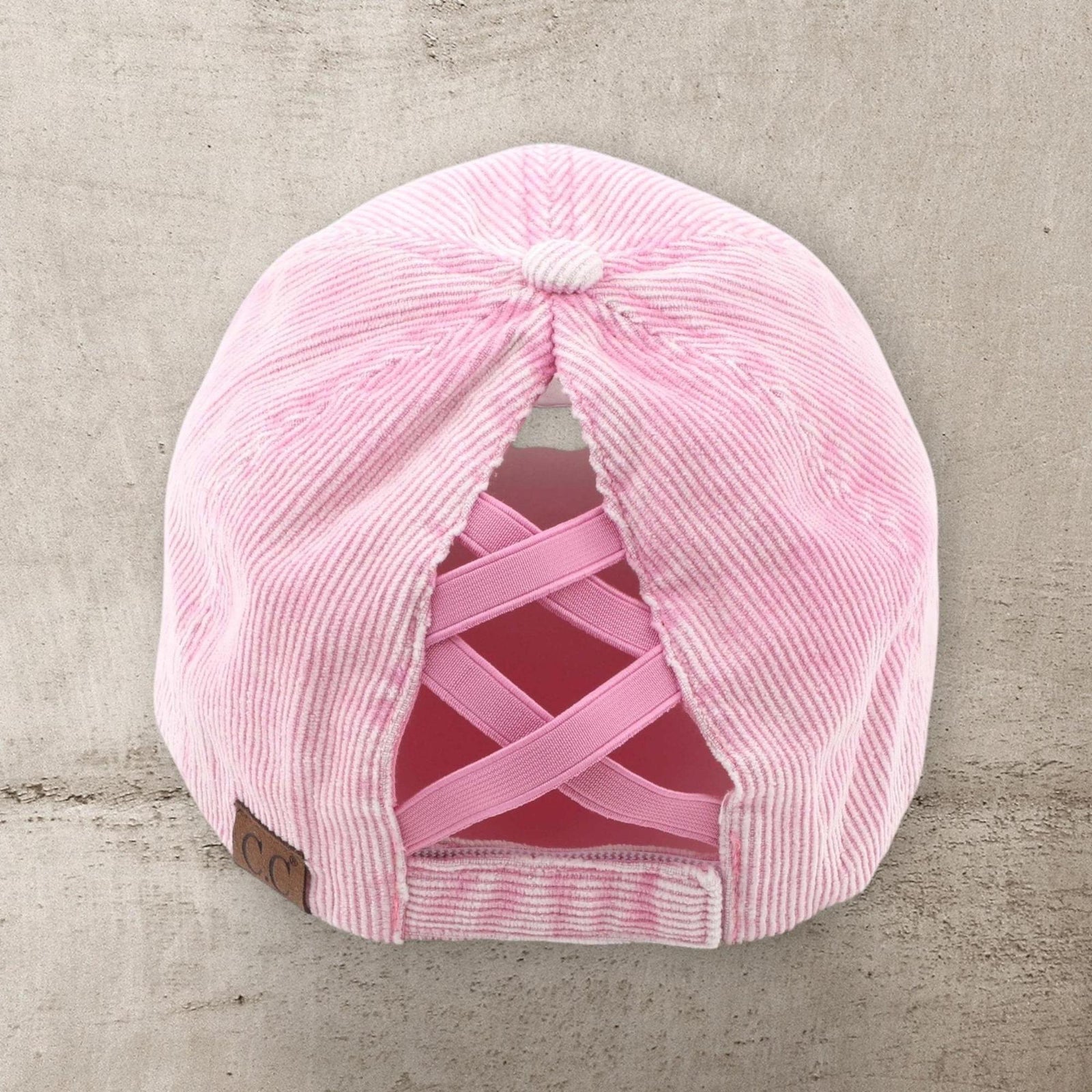 C.C® Stone - Washed Corduroy Ponytail Cap - Crisscross Elastic Back, Adjustable Hook - and - Loop, 100% Cotton - Truly Contagious