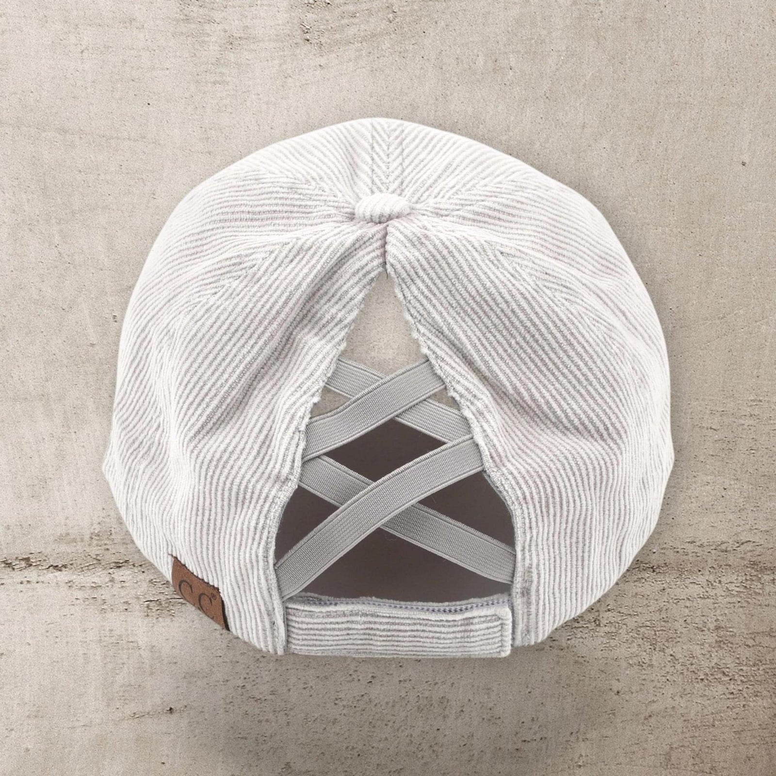 C.C® Stone - Washed Corduroy Ponytail Cap - Crisscross Elastic Back, Adjustable Hook - and - Loop, 100% Cotton - Truly Contagious