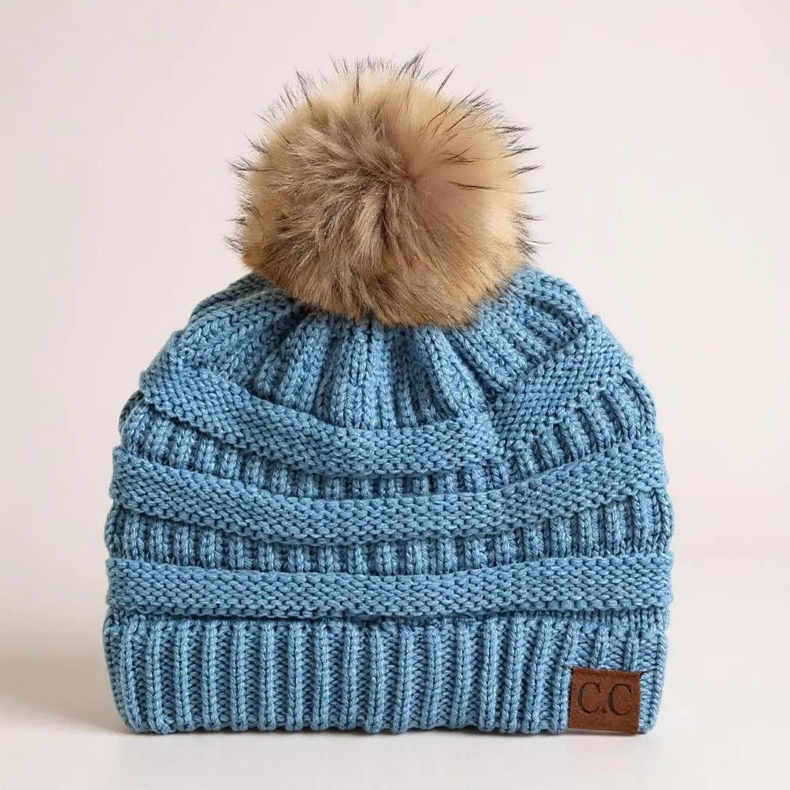 C.C® Trending Cable - Knit Tan Pom Beanie - Unisex Soft Acrylic Winter Hat, One Size - Truly Contagious