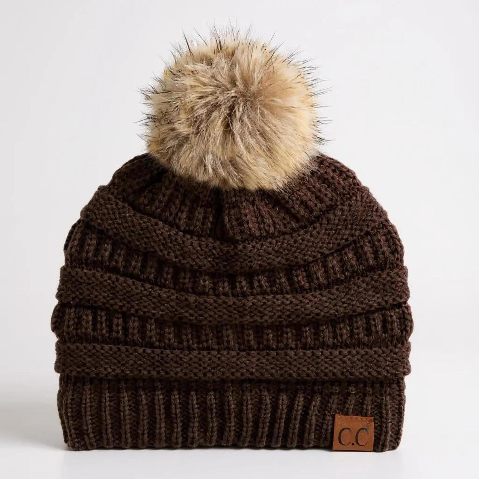 C.C® Trending Cable - Knit Tan Pom Beanie - Unisex Soft Acrylic Winter Hat, One Size - Truly Contagious