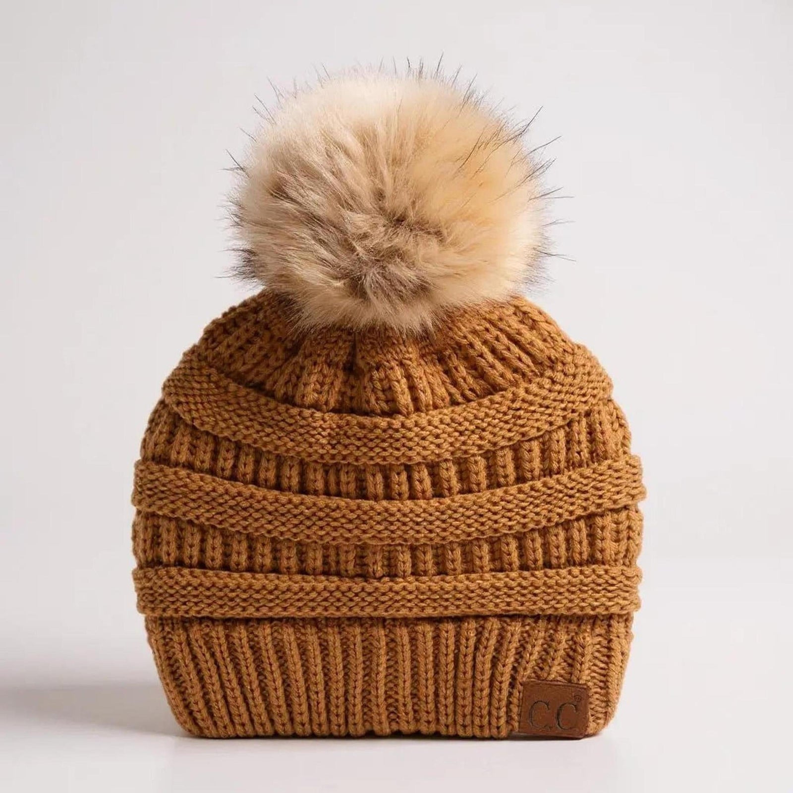 C.C® Trending Cable - Knit Tan Pom Beanie - Unisex Soft Acrylic Winter Hat, One Size - Truly Contagious