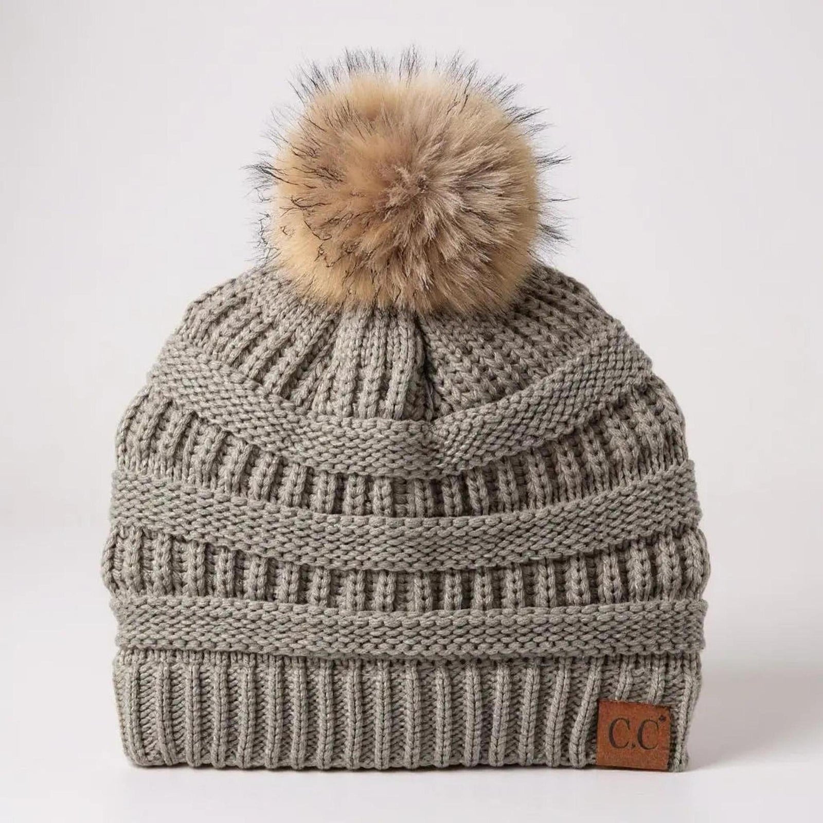 C.C® Trending Cable - Knit Tan Pom Beanie - Unisex Soft Acrylic Winter Hat, One Size - Truly Contagious