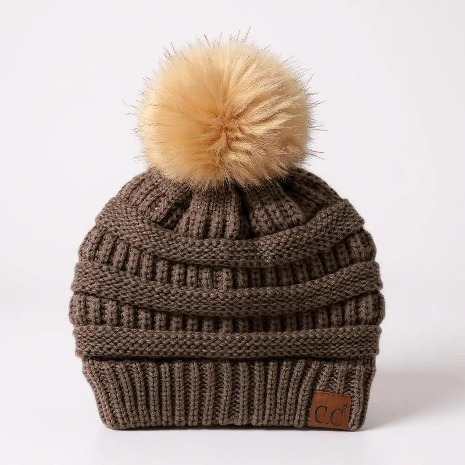 C.C® Trending Cable - Knit Tan Pom Beanie - Unisex Soft Acrylic Winter Hat, One Size - Truly Contagious