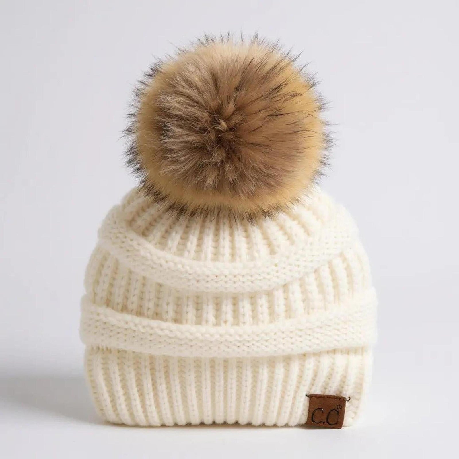 C.C® Trending Cable - Knit Tan Pom Beanie - Unisex Soft Acrylic Winter Hat, One Size - Truly Contagious
