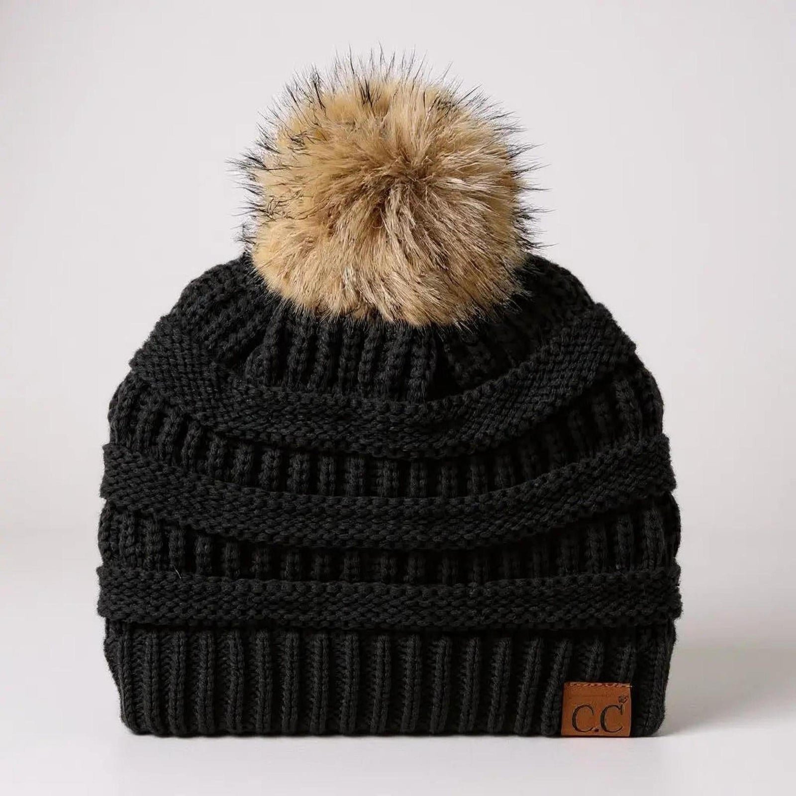 C.C® Trending Cable - Knit Tan Pom Beanie - Unisex Soft Acrylic Winter Hat, One Size - Truly Contagious