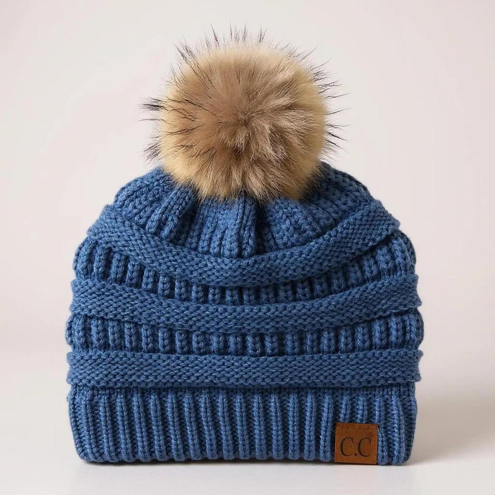 C.C® Trending Cable - Knit Tan Pom Beanie - Unisex Soft Acrylic Winter Hat, One Size - Truly Contagious