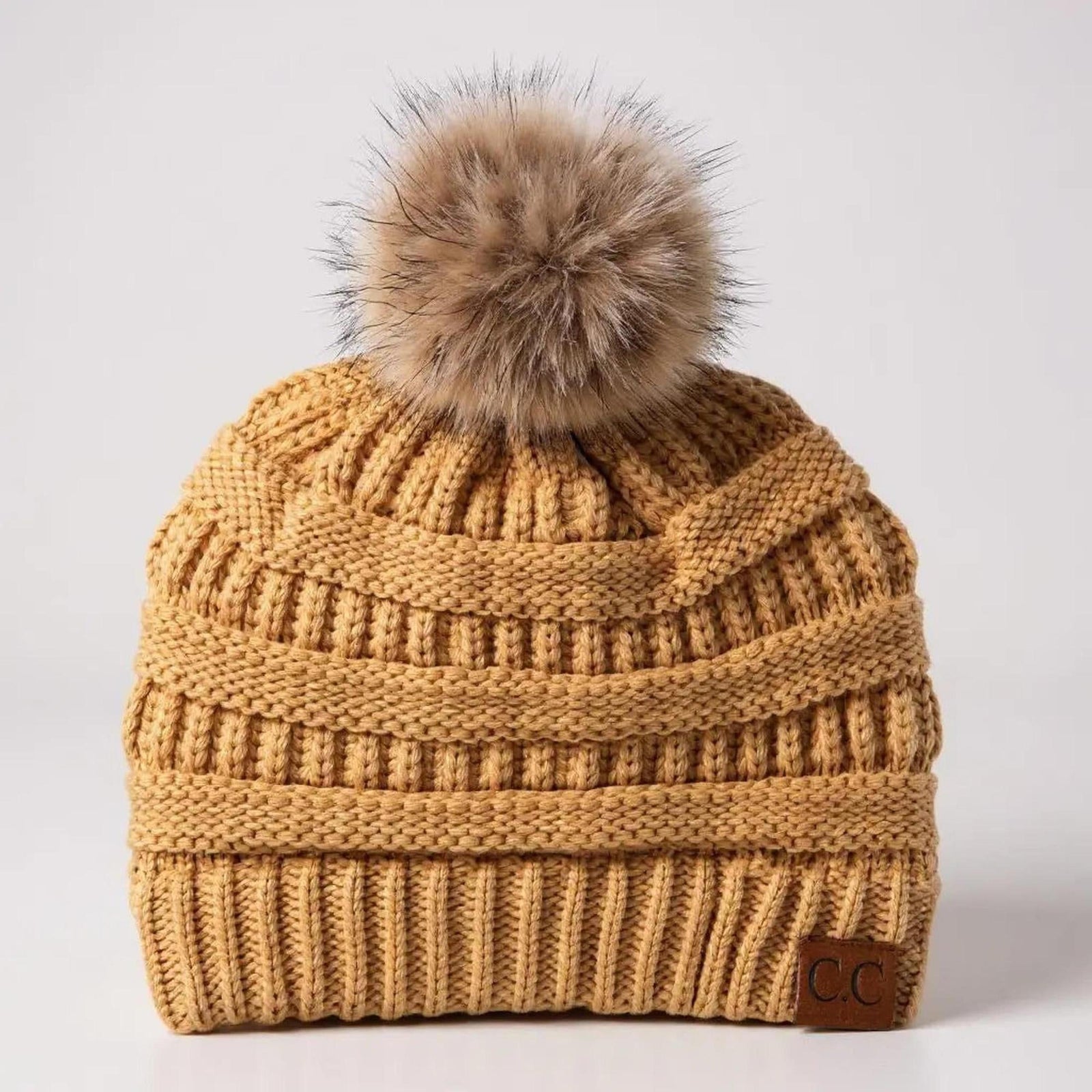 C.C® Trending Cable - Knit Tan Pom Beanie - Unisex Soft Acrylic Winter Hat, One Size - Truly Contagious