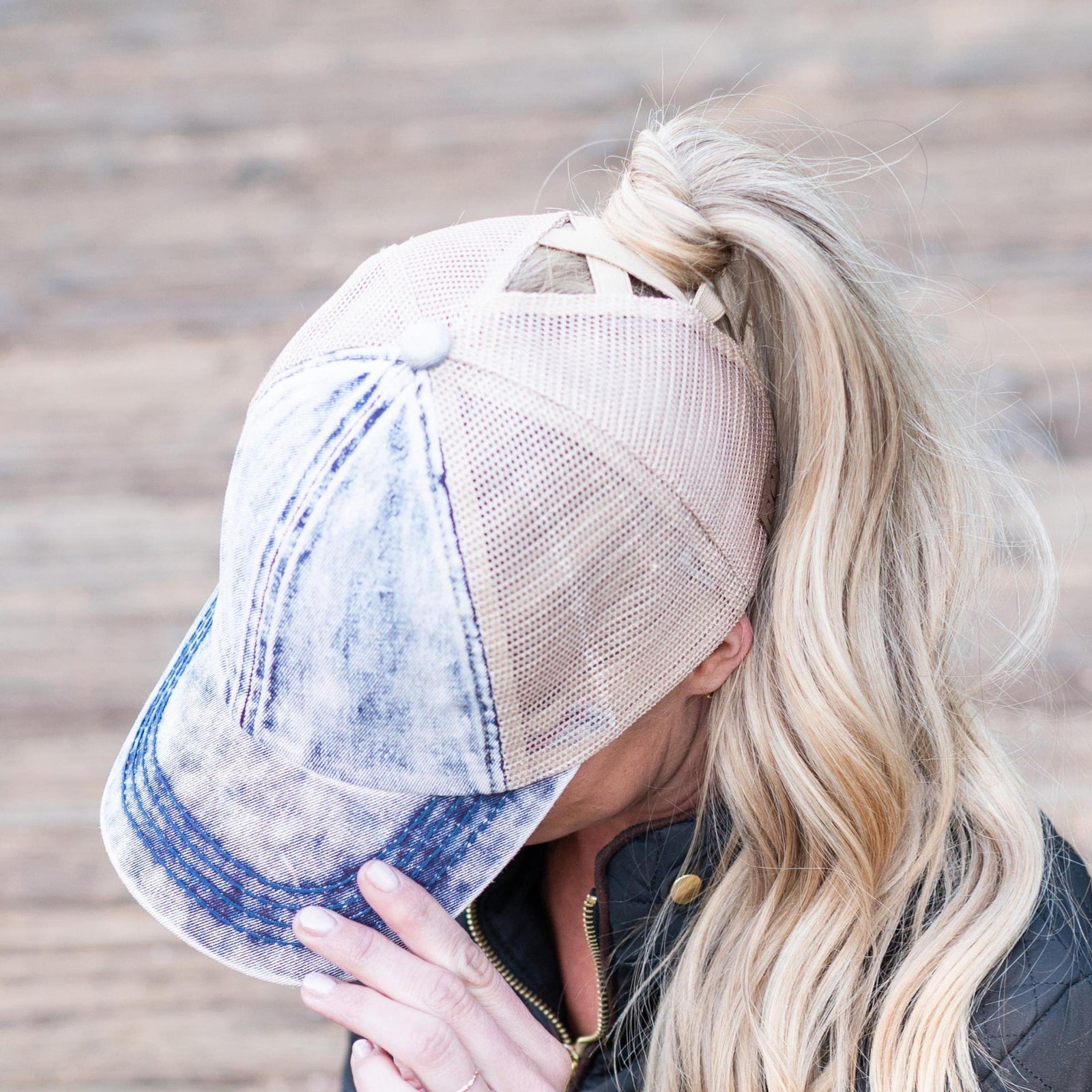 CC Washed Denim Criss Cross Pony Cap - Truly Contagious