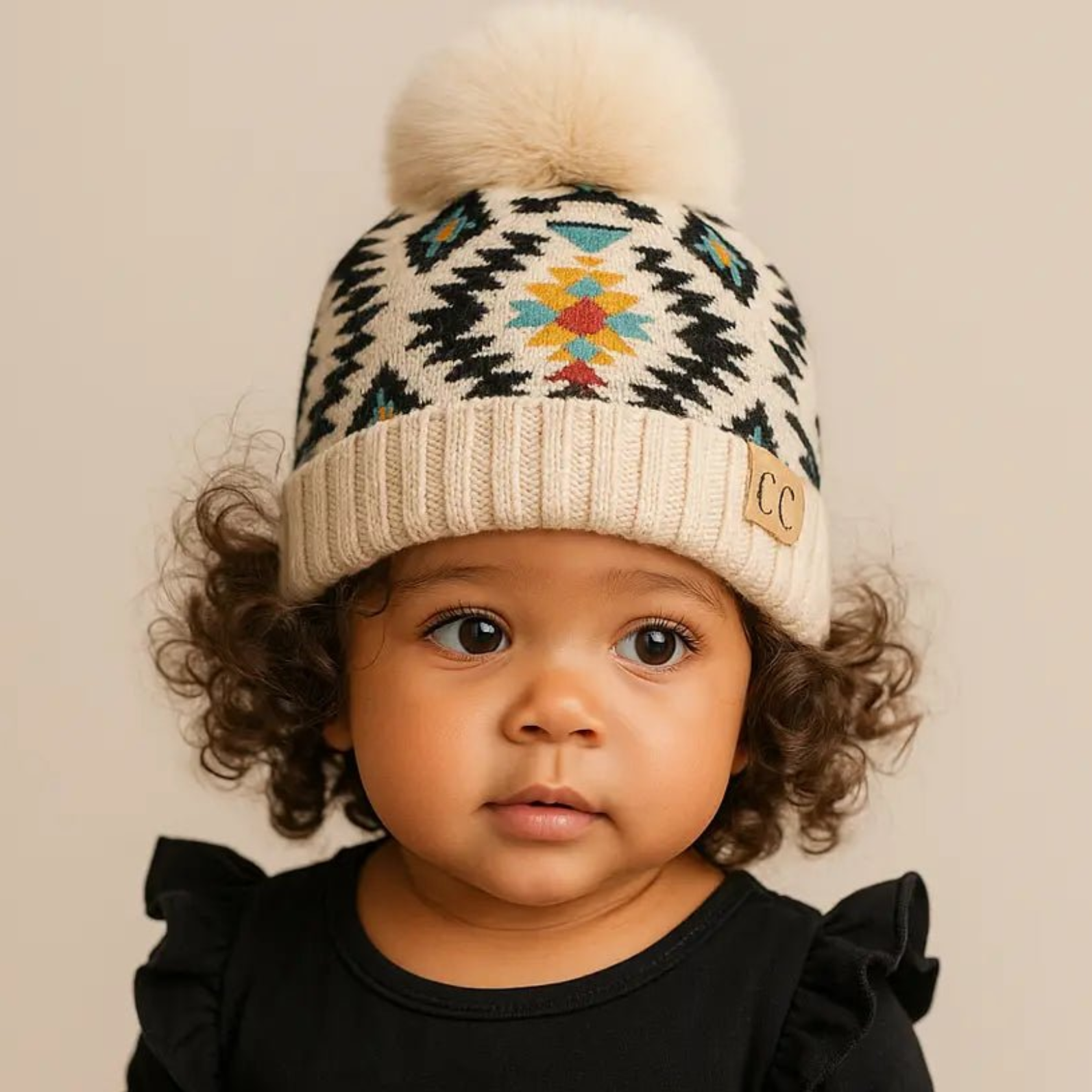 Southwestern Baby/Toddler CC® Beanie with Plush Pom - Slouchy or Fold - Up Cuff, One Size Newborn-12M - Truly Contagious