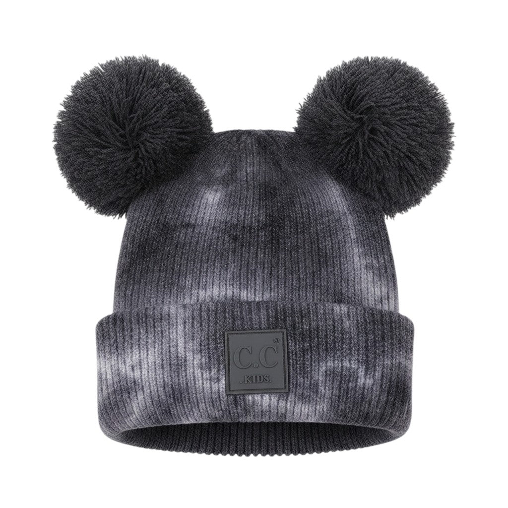 Truly Contagious grey tie-dye knit baby beanie with two grey pom poms and C.C. Kids logo patch.