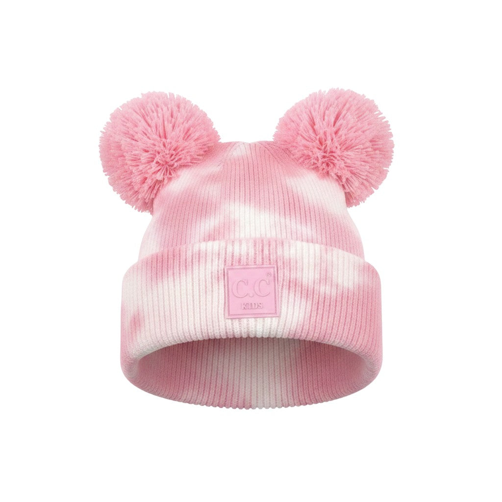 Truly Contagious pink and white tie-dye knit baby beanie with two fluffy pom-poms and a C.C. Kids patch.
