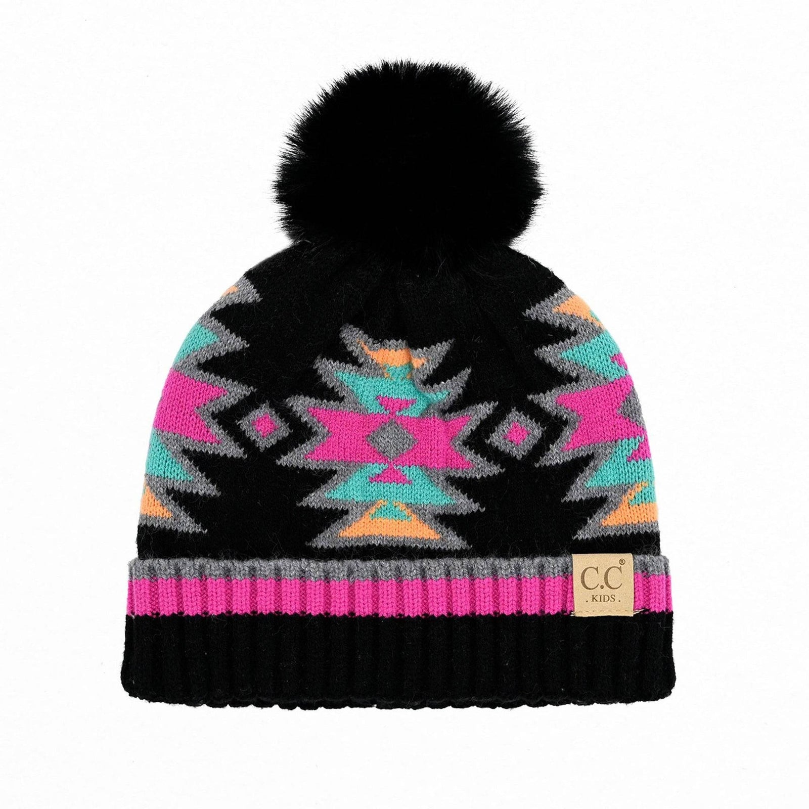 CC Kids South Western Pattern Faux Fur Pom Beanie - Truly Contagious