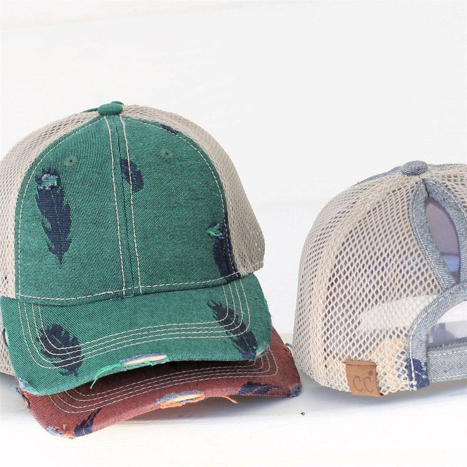 CC Leaf Motif Jacquard Denim Messy Bun Pony Cap Women, Teens and Kids Trucker Hats - Truly Contagious