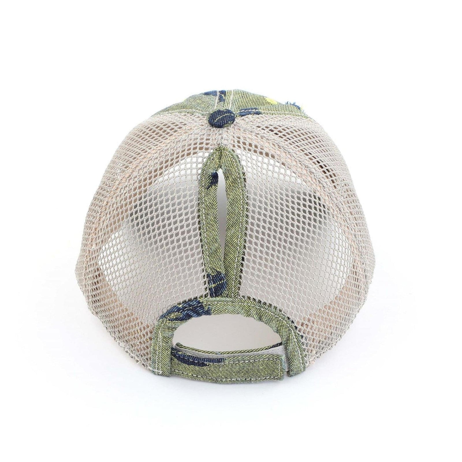 CC Leaf Motif Jacquard Denim Messy Bun Pony Cap Women, Teens and Kids Trucker Hats - Truly Contagious