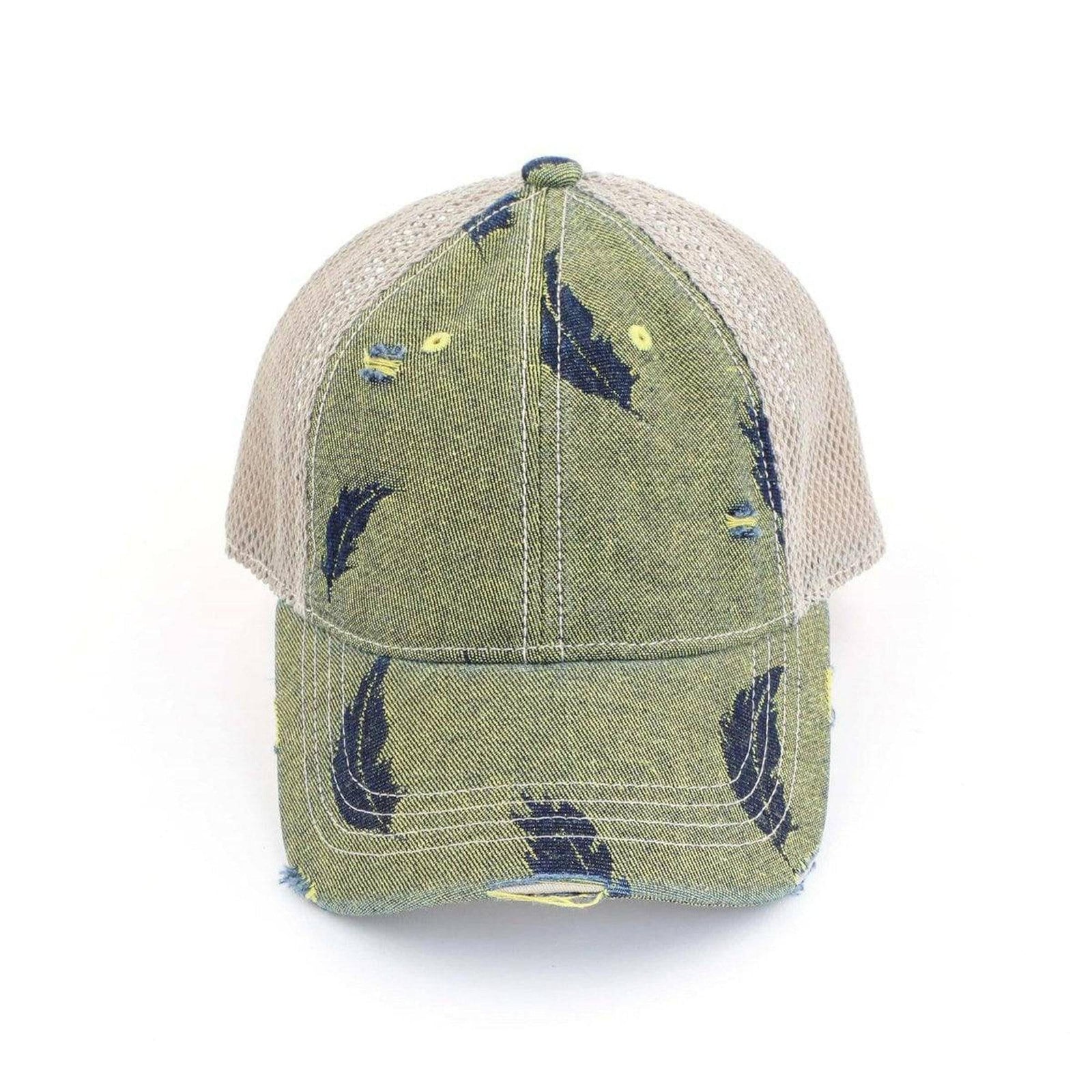 CC Leaf Motif Jacquard Denim Messy Bun Pony Cap Women, Teens and Kids Trucker Hats - Truly Contagious