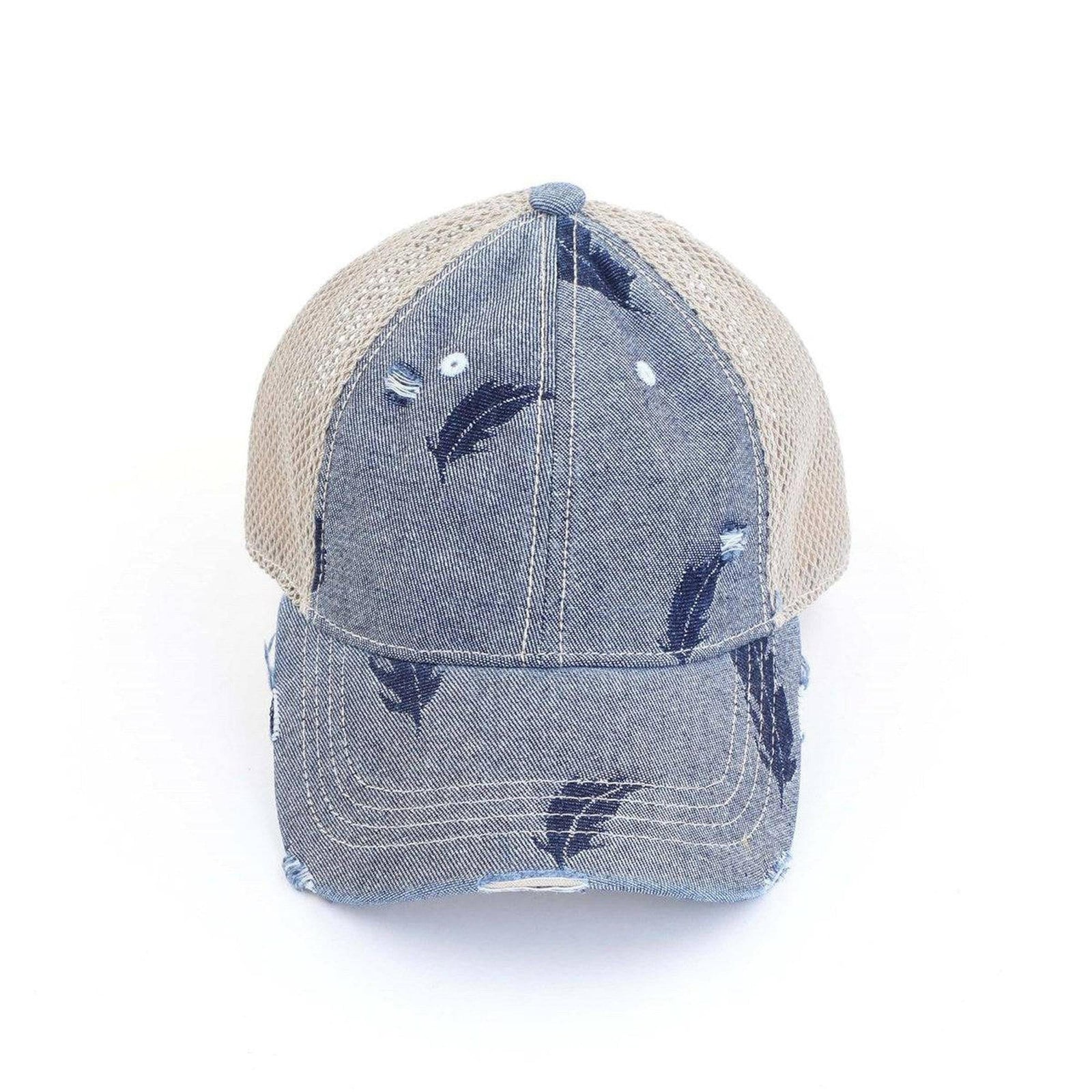 CC Leaf Motif Jacquard Denim Messy Bun Pony Cap Women, Teens and Kids Trucker Hats - Truly Contagious