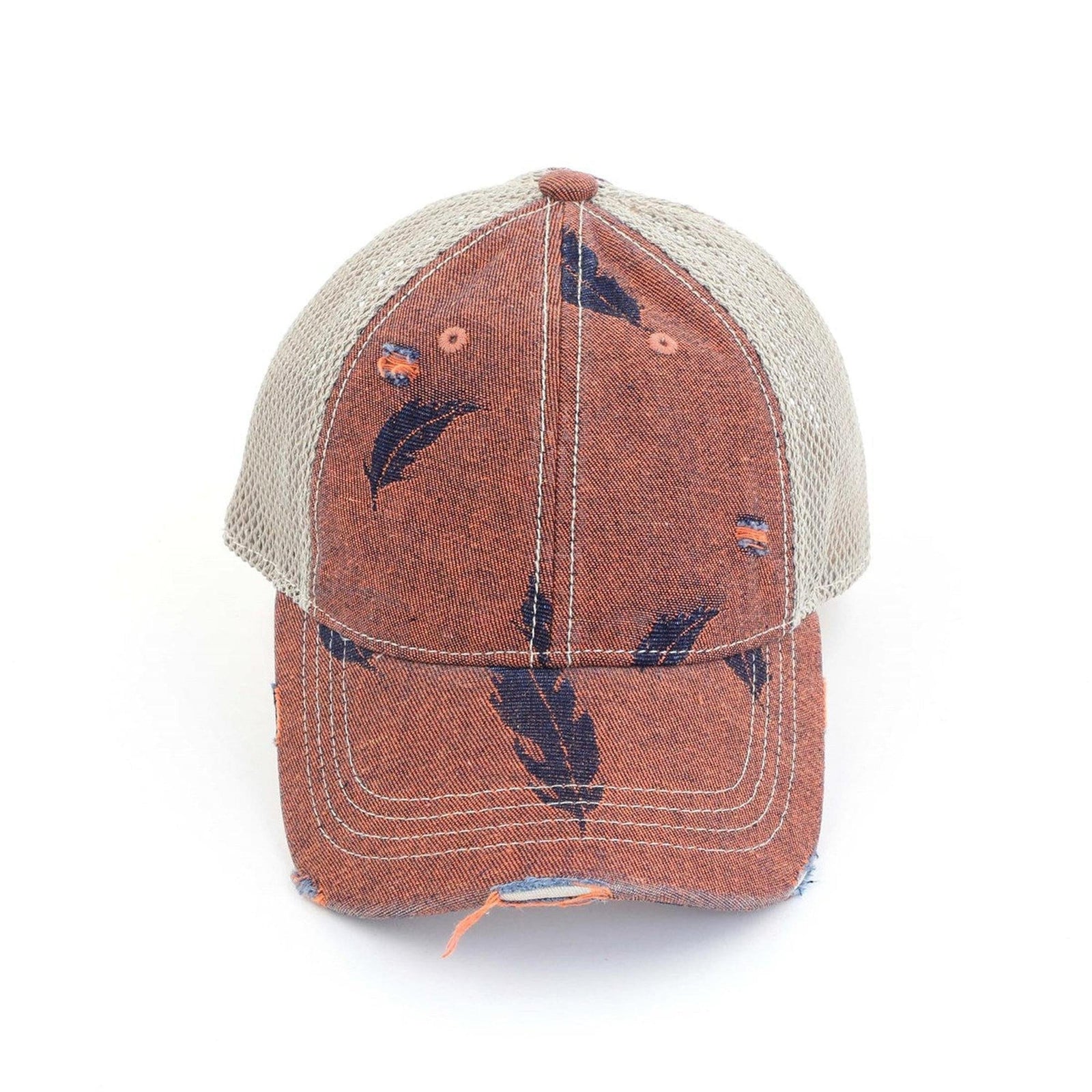 CC Leaf Motif Jacquard Denim Messy Bun Pony Cap Women, Teens and Kids Trucker Hats - Truly Contagious
