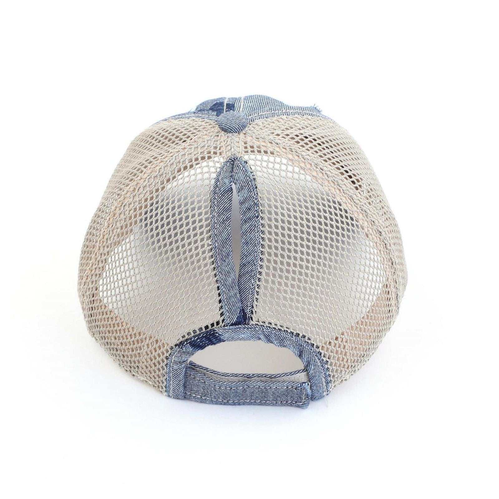 CC Leaf Motif Jacquard Denim Messy Bun Pony Cap Women, Teens and Kids Trucker Hats - Truly Contagious