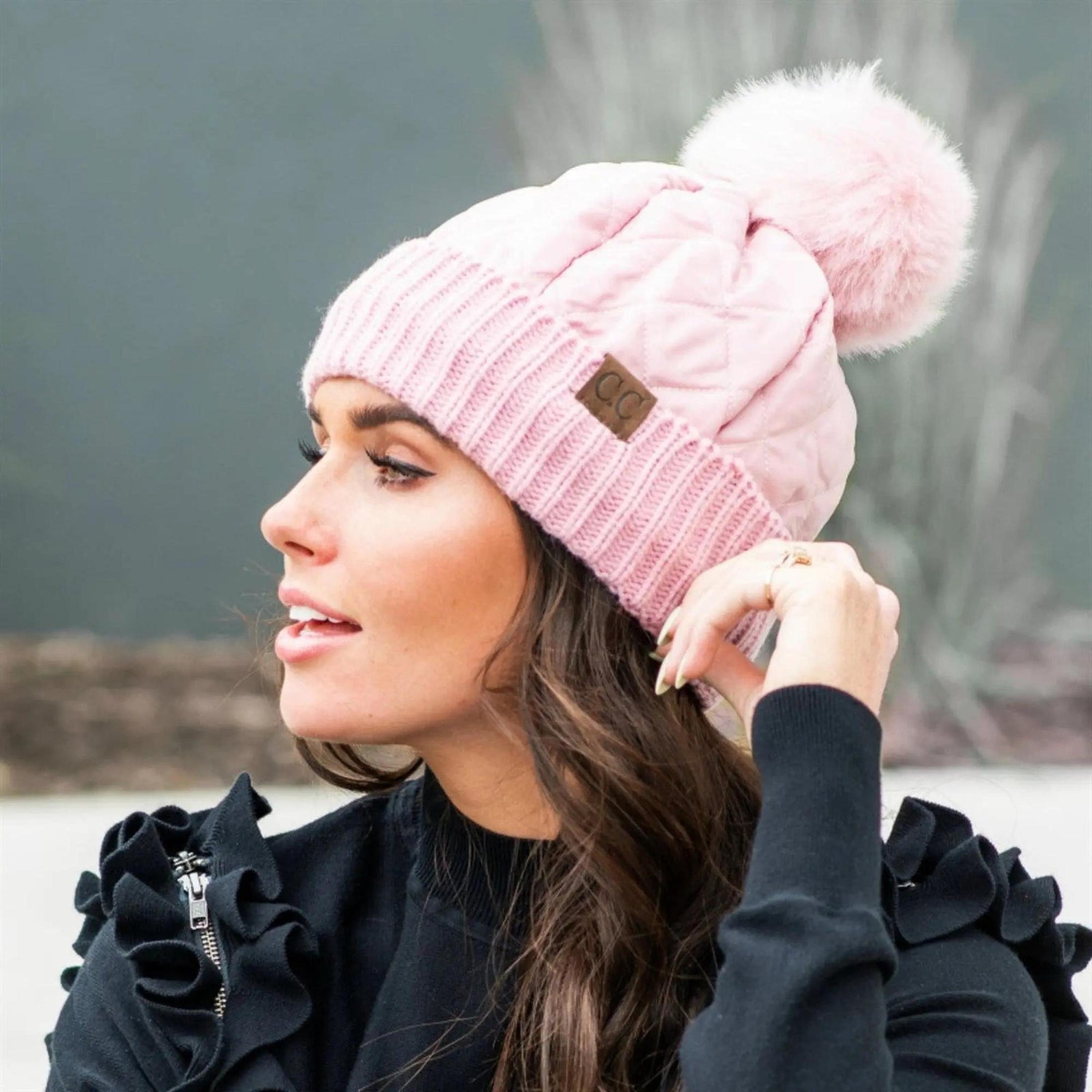 CC Quilted Puffer with Detachable Pom Beanies Hats - Truly Contagious