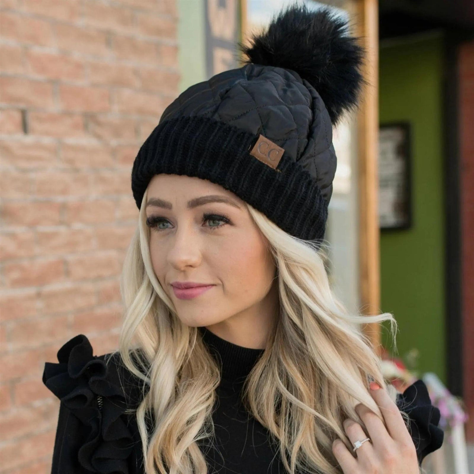 CC Quilted Puffer with Detachable Pom Beanies Hats - Truly Contagious