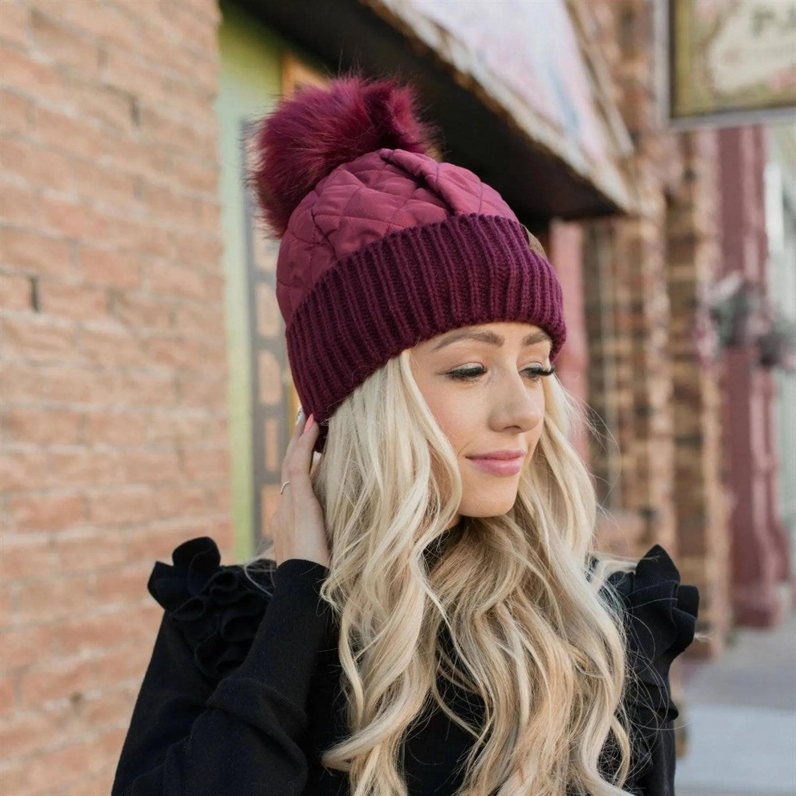 CC Quilted Puffer with Detachable Pom Beanies Hats - Truly Contagious