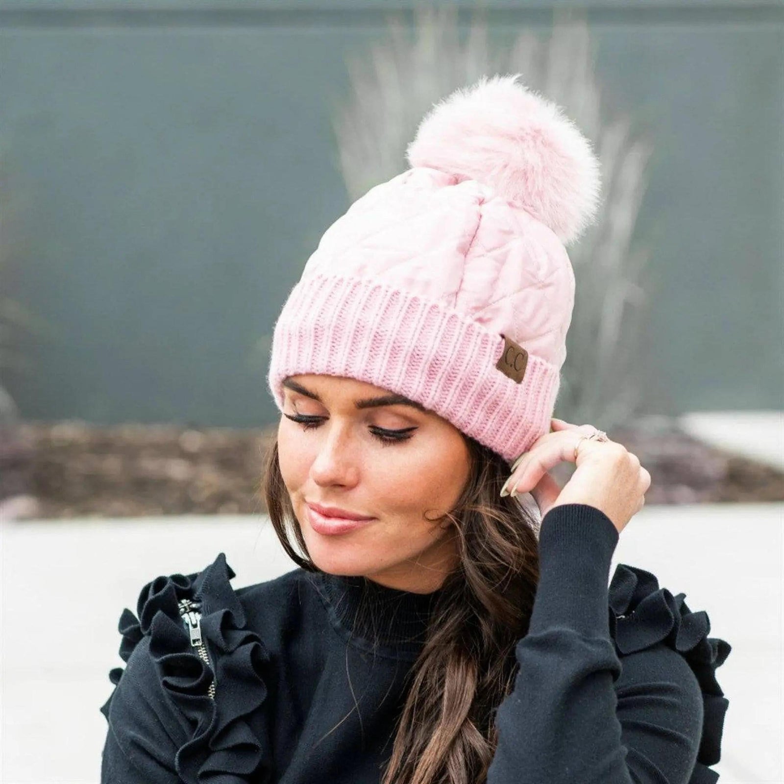 CC Quilted Puffer with Detachable Pom Beanies Hats - Truly Contagious
