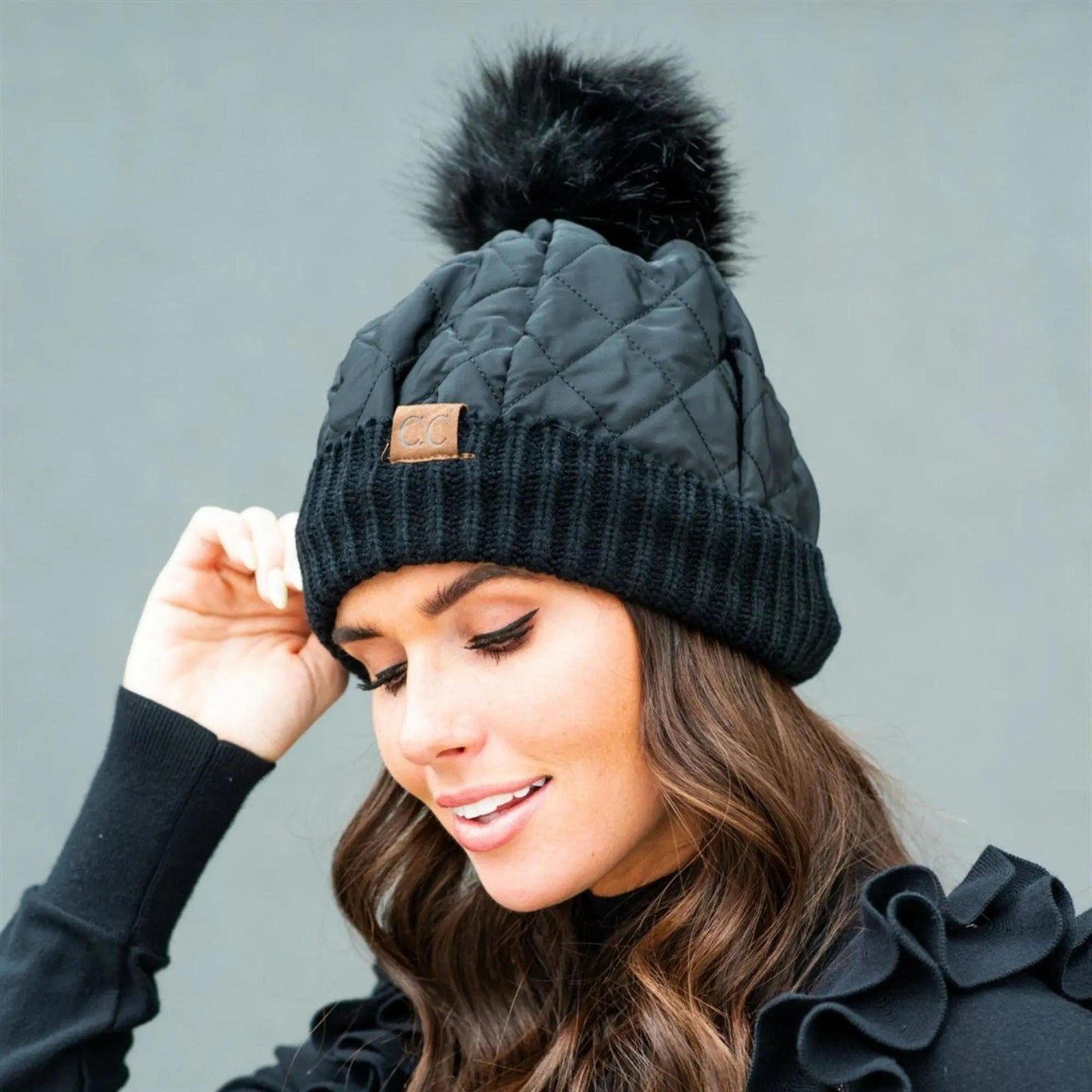CC Quilted Puffer with Detachable Pom Beanies Hats - Truly Contagious
